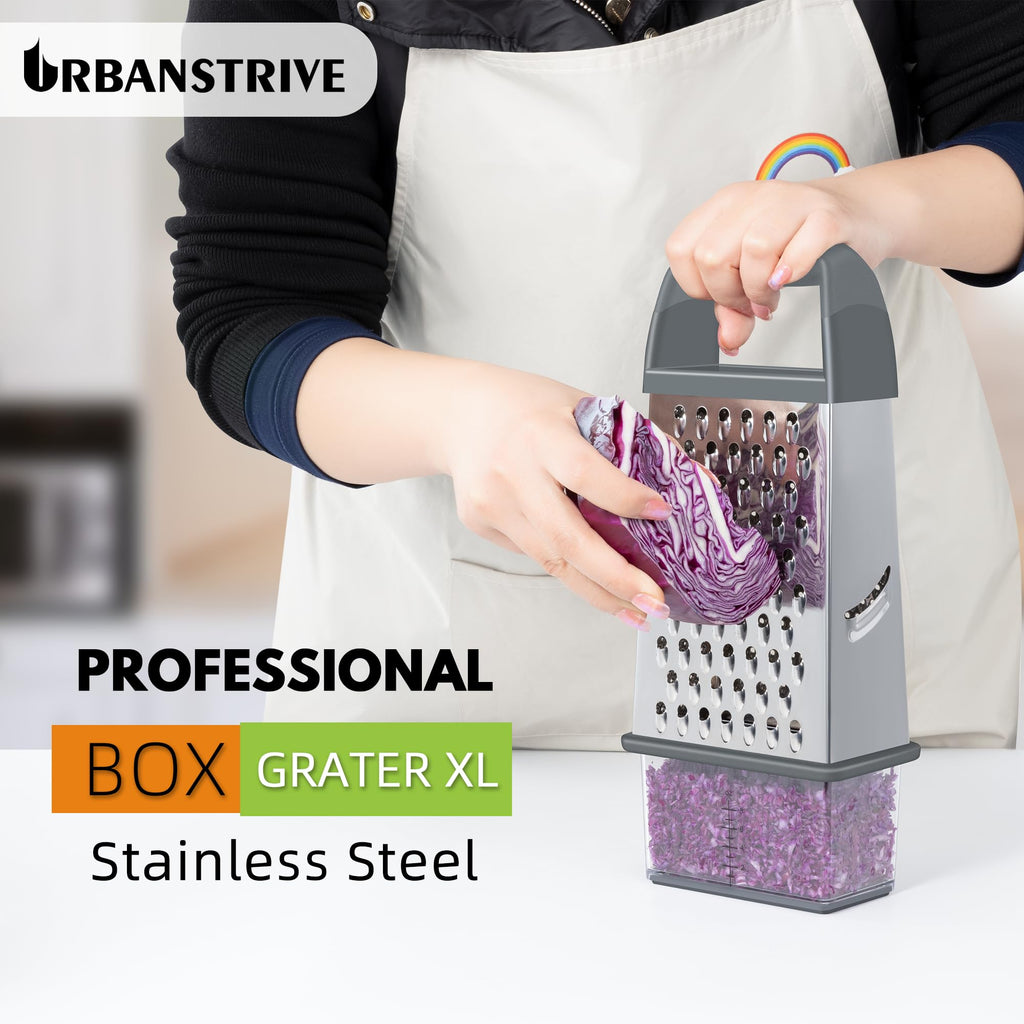 Urbanstrive Cheese Grater With Container Box Grater Stainless Steel Graters for Kitchen Cheese Shredder Parmesan Shredder Kitchen Gadgets Kitchen Tools Kitchen Gifts for Chef Dishwasher Safe Zester