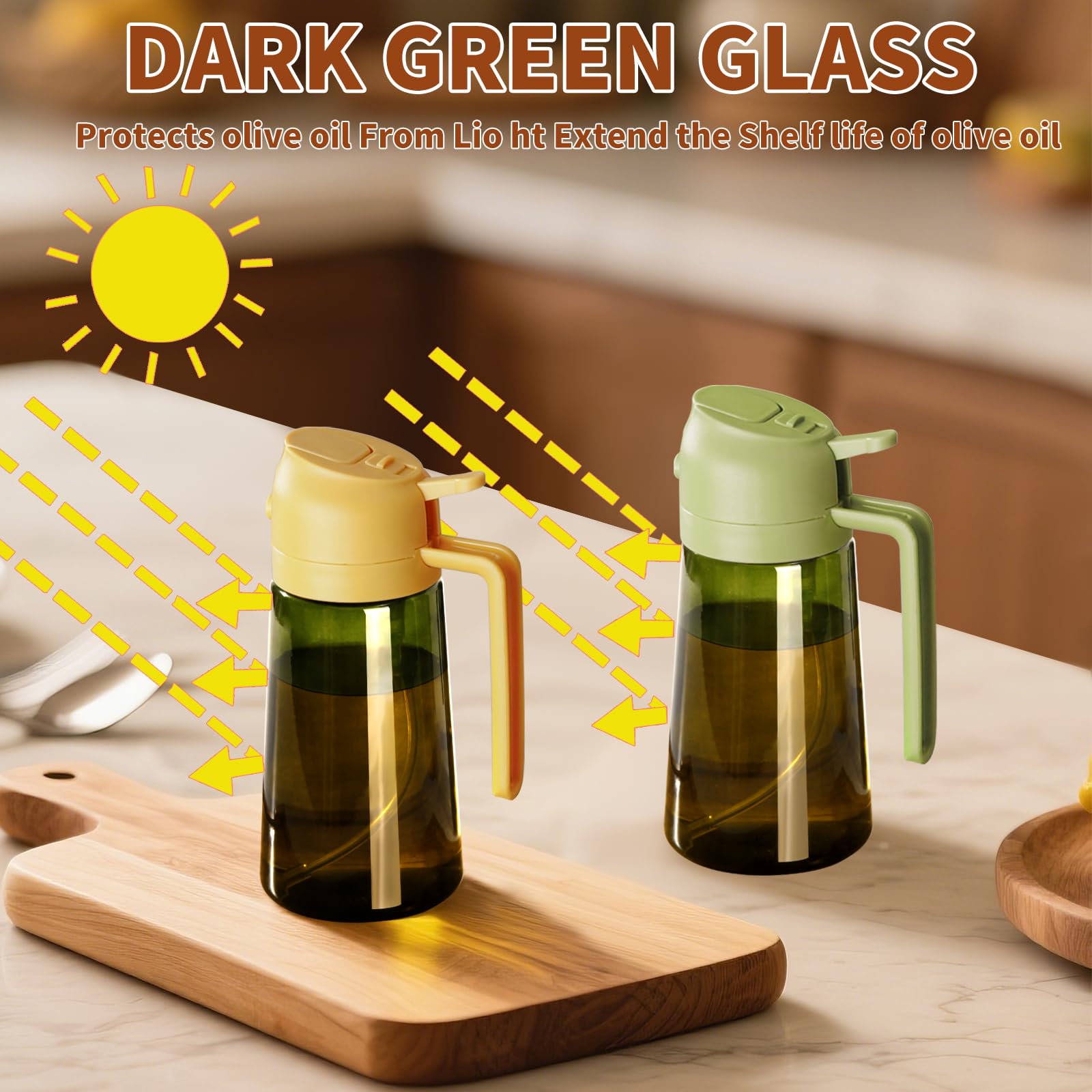 SWEET VIEW Olive Oil Dispenser and Oil Sprayer – 16oz/470ml Glass Light-Proof Oil Pourer for Kitchen, Air Fryer, Cooking, Salad, and BBQ