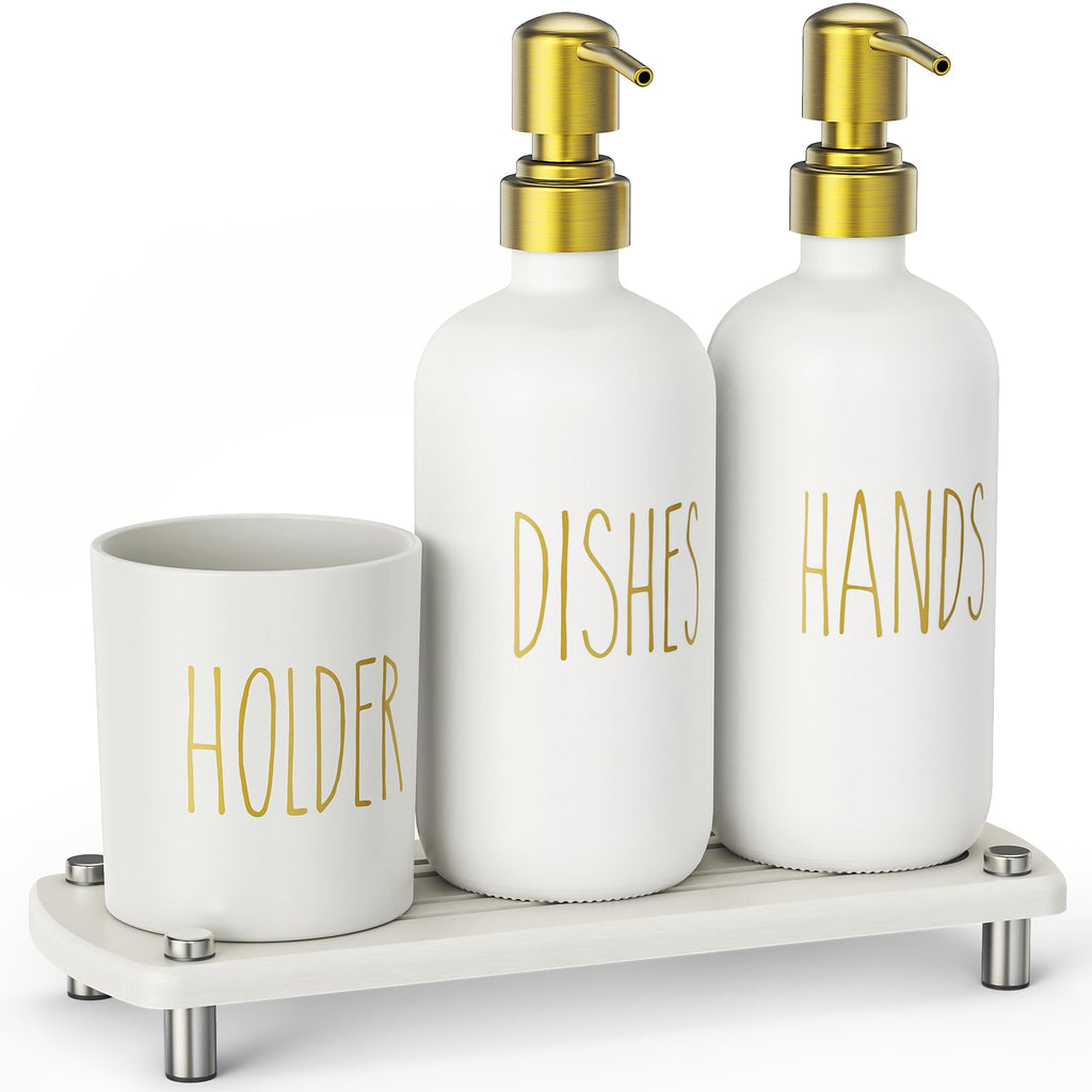Cisily Kitchen Soap Dispenser Set Comes with Ceramics Sponge Holder, Gold Pumps, and Instant Dry Tray, Hand and Dish Soap Dispenser Set (4, Gold + White + Sponge Holder)