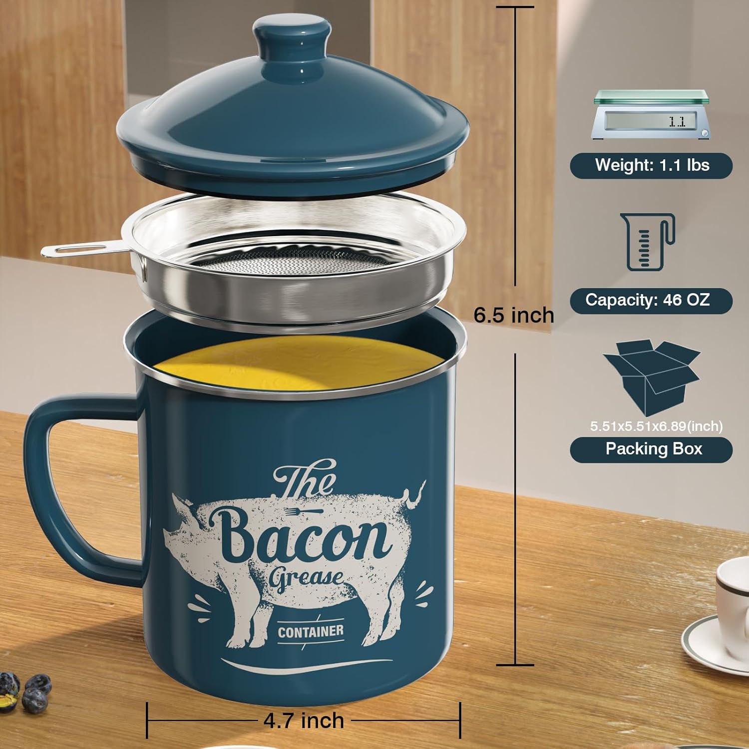 Black Meat Chopper and 46OZ Blue Bacon Grease Container