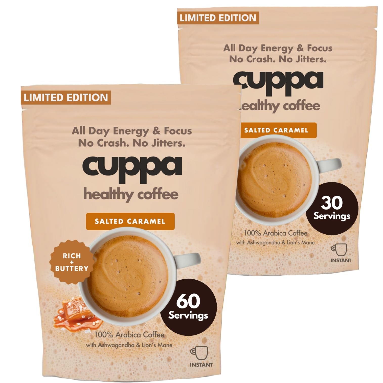Cuppa Medium Roast Mushroom Coffee with Adaptogens & Superfoods - Lion’s Mane, Ashwagandha & Cordyceps. Adaptogens + MCT to support natural energy, mental focus & gut health (30 Servings)