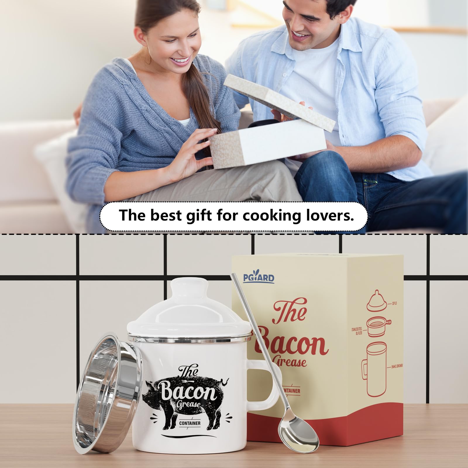 PGYARD Mini Bacon Grease Container With Strainer - 15OZ Enamel Grease Saver, Farmhouse Bacon Grease Keeper For Kitchen Fat Storage, Dishwasher Safe-Red