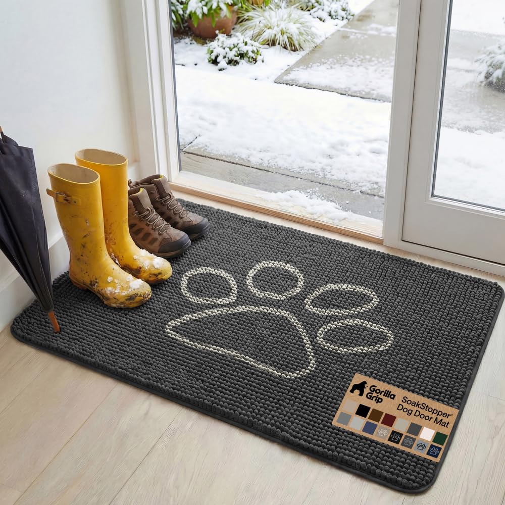 GORILLA GRIP SoakSTOPPER Dog Door Mat, Machine Washable Rug Absorbent Doormat Captures Moisture Mud Dirt, Quick Dry Soft Chenille Entryway Rugs Indoor Entrance Mats for Dog Paws, 24x17 Grey