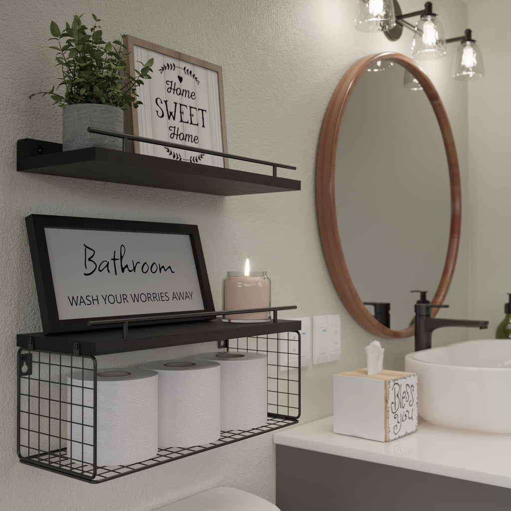 WOPITUES Floating Shelves for Wall Decor Sign, Bathroom Organizers and Storage, Bathroom Shelves Over Toilet with Metal Guardrail-Black