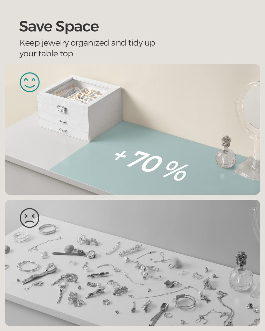 SONGMICS 3-Tier Jewelry Box, Travel Jewelry Case with Handle, 2 Drawers, Lockable Jewelry Organizer with Mirror, Jewelry Storage, Modern Style, Gift for Loved Ones, White UJBC154W01