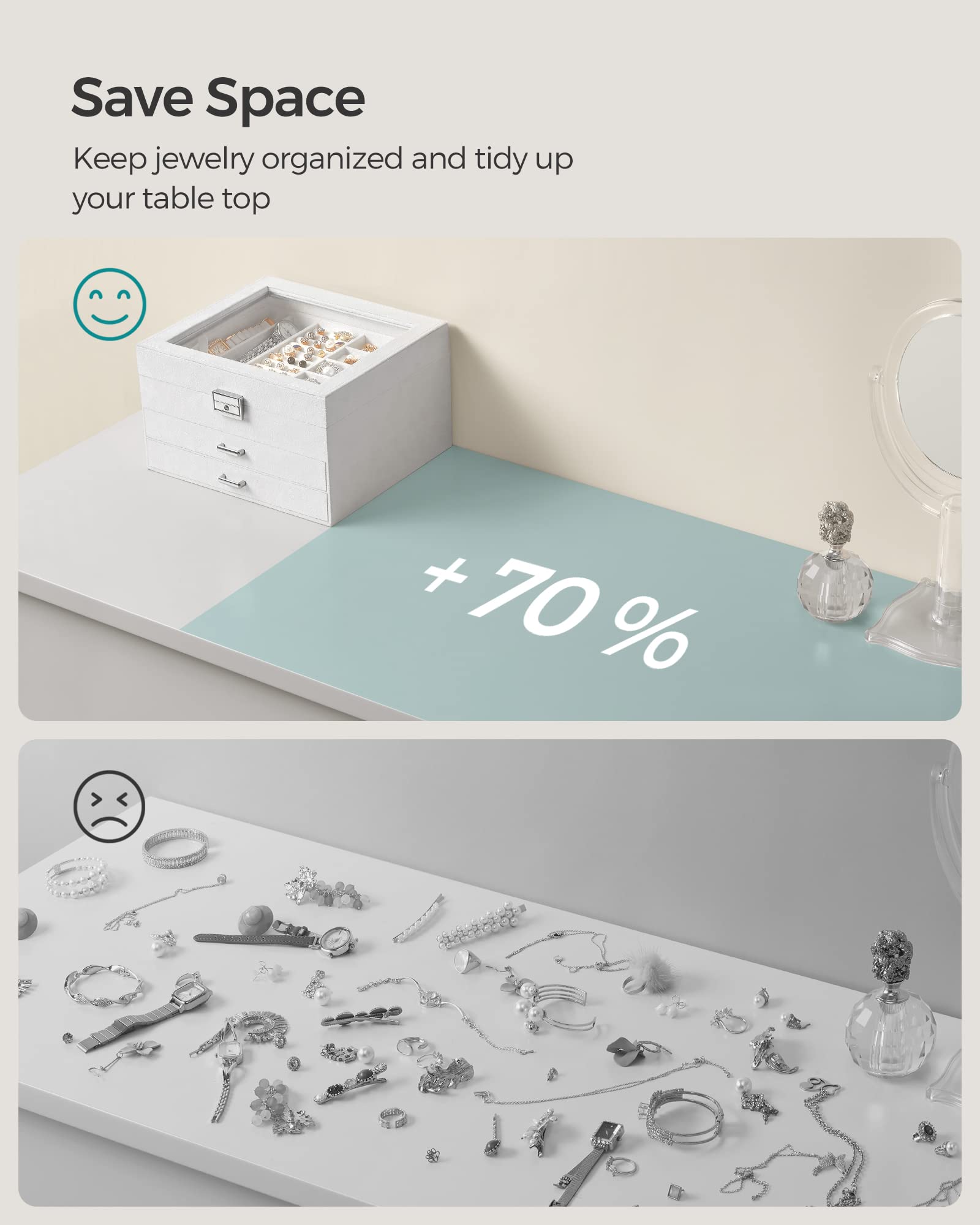 SONGMICS 3-Tier Jewelry Box, Travel Jewelry Case with Handle, 2 Drawers, Lockable Jewelry Organizer with Mirror, Jewelry Storage, Modern Style, Gift for Loved Ones, White UJBC154W01