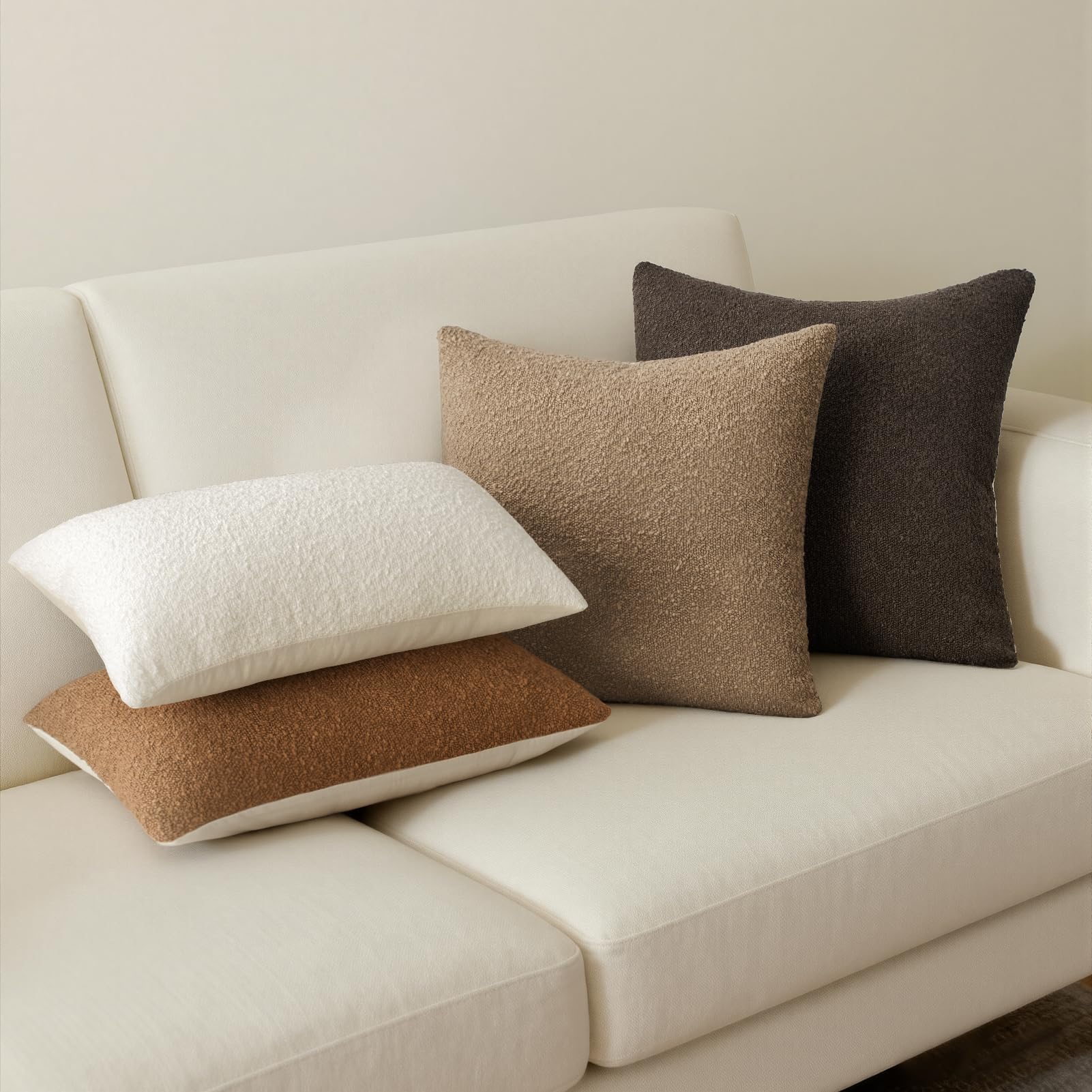 Topfinel Boucle Decorative Pillow Covers 18x18 Inches Set of 4 Neutral Cream Ivory White Pillowcase with Linen Cotton Back Chair Sofa Modern & Minimal Living Room Spring Home Decor