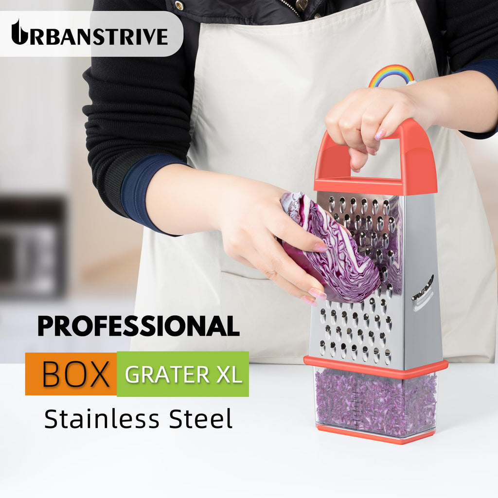 Urbanstrive Cheese Grater With Container Box Grater Stainless Steel Graters for Kitchen Cheese Shredder Parmesan Shredder Kitchen Gadgets Kitchen Tools Kitchen Gifts for Chef Dishwasher Safe Zester
