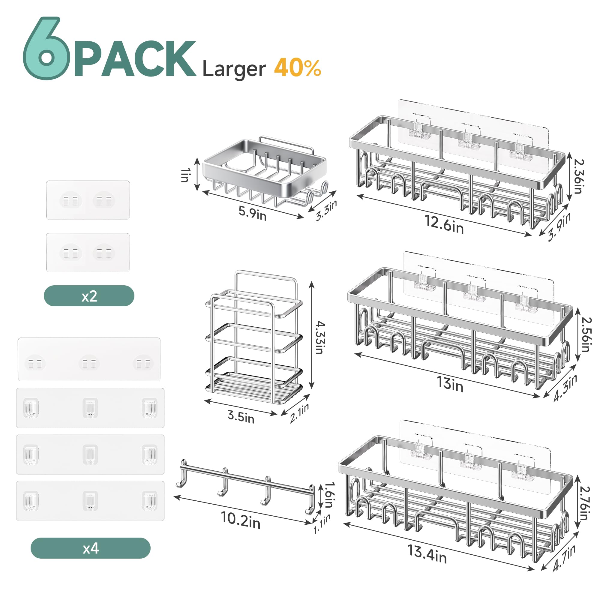 Veken Shower Caddy 6-Pack, Advanced Rustproof Design, No Drilling Adhesive Shelves, Rack with Soap Holder, Large Capacity Bathroom Organizers and Storage, Wall-Mounted Kitchen & Home Decor