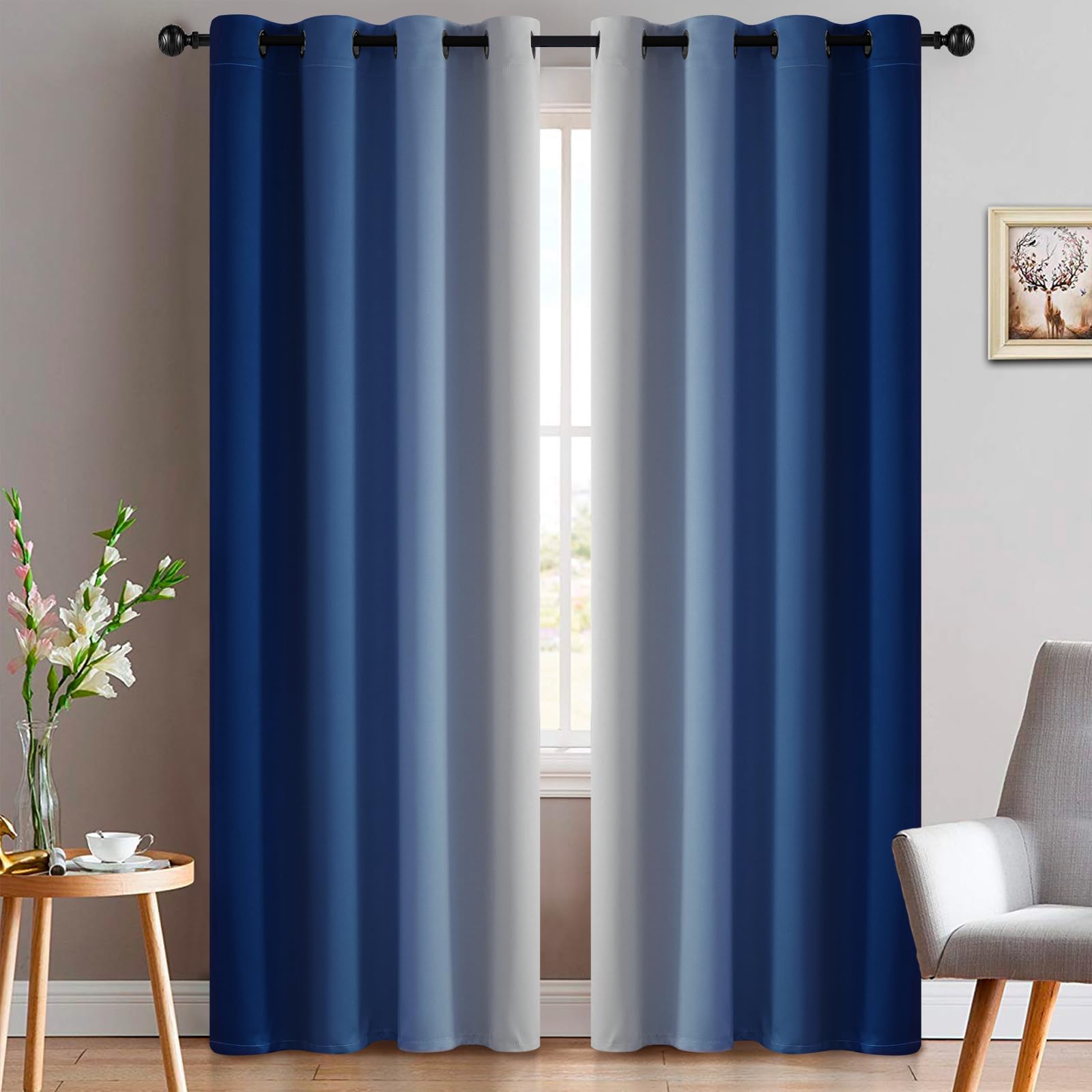 Yakamok Blue and Greyish White Ombre Curtains, Room Darkening Gradient Color Curtains for Bedroom, Light Blocking Thermal Insulated Window Drapes for Living Room(2 Panels, 52x84 Inch)