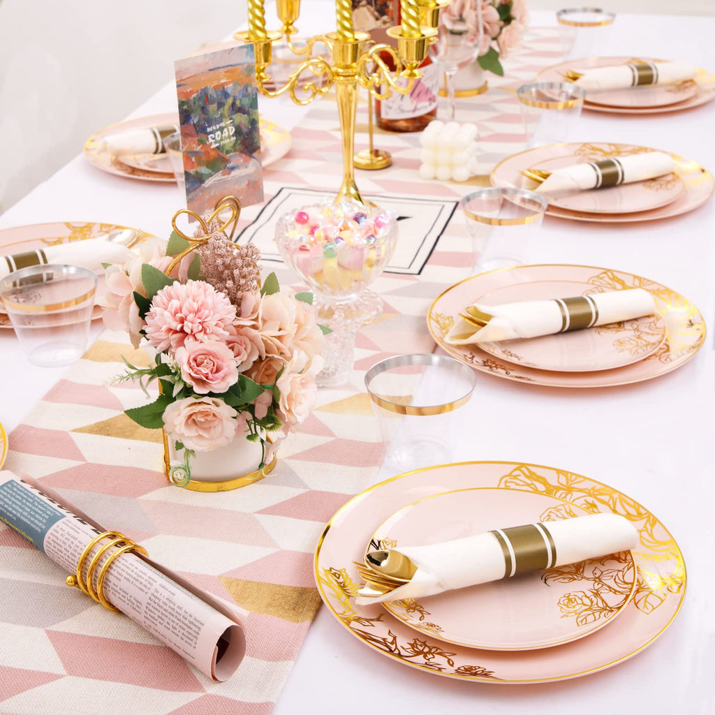 DaYammi 210Pcs White Gold Plastic Plates for Party,Gold Disposable Dinnerware Set Includes 60 gold Floral Plates,30 Plastic Silverware,30 Per Rolled Napkins,30 Cups for Mother's Day Party Wedding