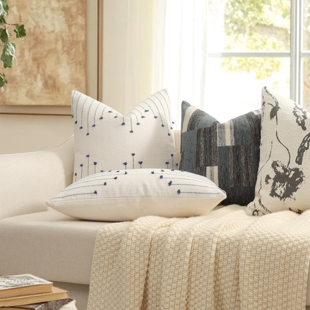 Boho Outdoor Throw Pillow Covers 18x18 Set of 2 Neutral Woven Decorative Pillowcases Cotton Tufted Couch Pillows Modern Farmhouse Cushion Covers for Sofa Couch Bed Living Room Home Decor, Navy Blue