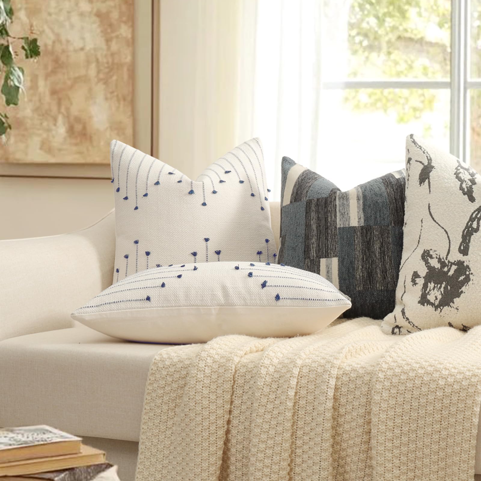 Boho Outdoor Throw Pillow Covers 18x18 Set of 2 Neutral Woven Decorative Pillowcases Cotton Tufted Couch Pillows Modern Farmhouse Cushion Covers for Sofa Couch Bed Living Room Home Decor, Navy Blue