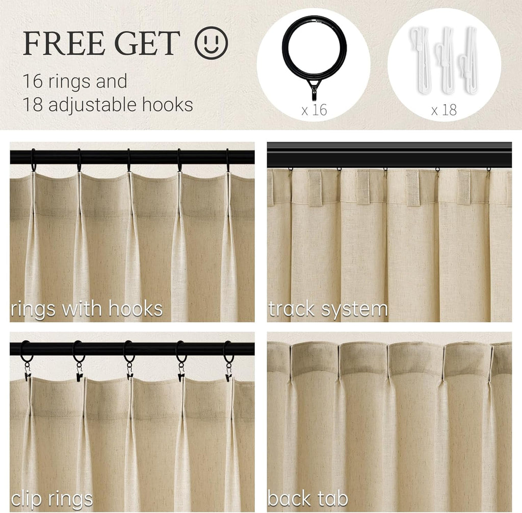 Topfinel Natural Linen Pinch Pleated Curtains 100 Inch Length 2 Panels for Bedroom,Textured Linen Farmhouse Boho Semi Sheer Window Curtain Back Tab Pinch Pleat Drapes with Hooks 100 Inches Long