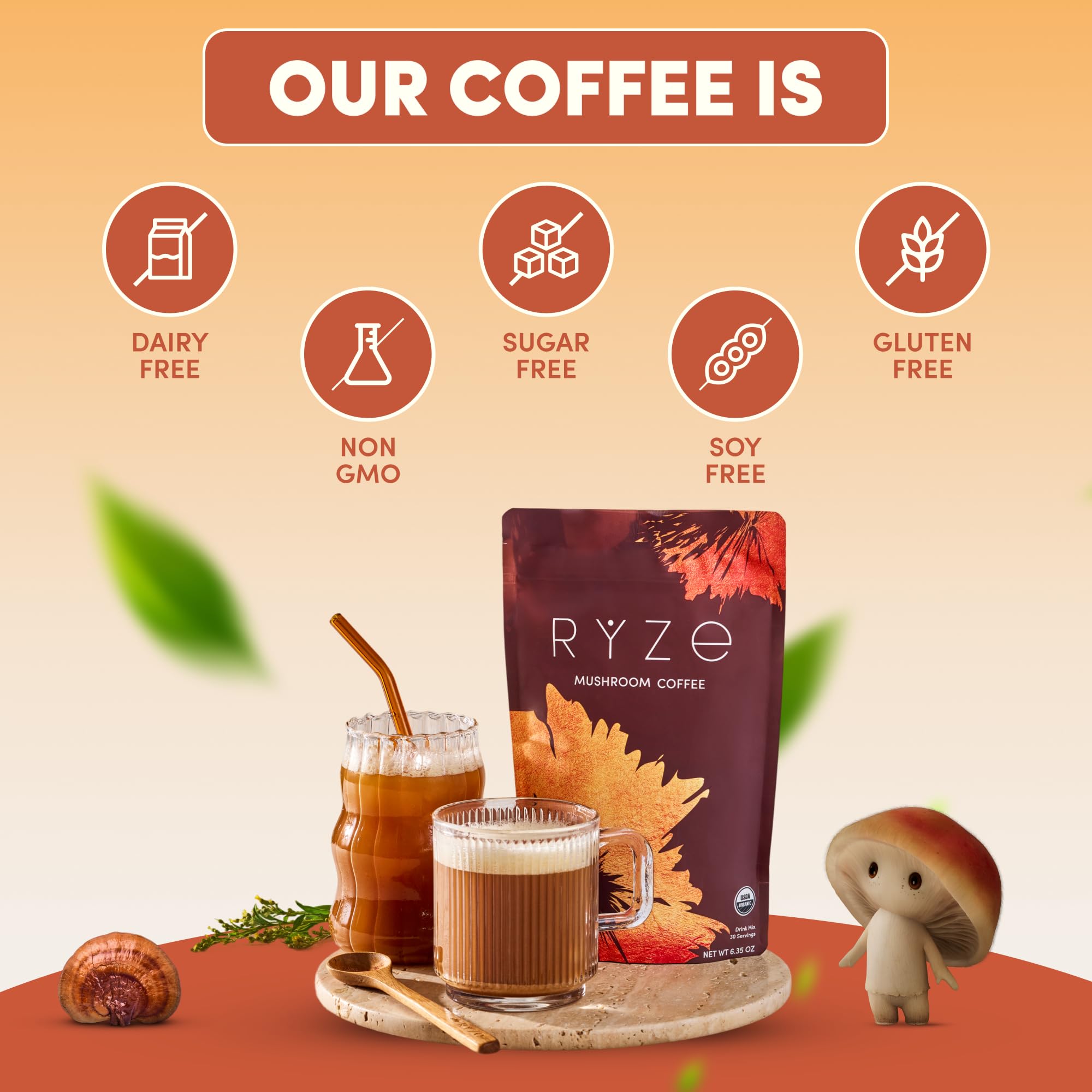 RYZE SUPERFOODS Mushroom Medium Roast Coffee Starter Kit, USDA Organic Instant Coffee with 6 Adaptogenic Mushrooms and for Energy, Focus, Digestion, Immunity with Lions Mane & Turkey Tail 60 Serving