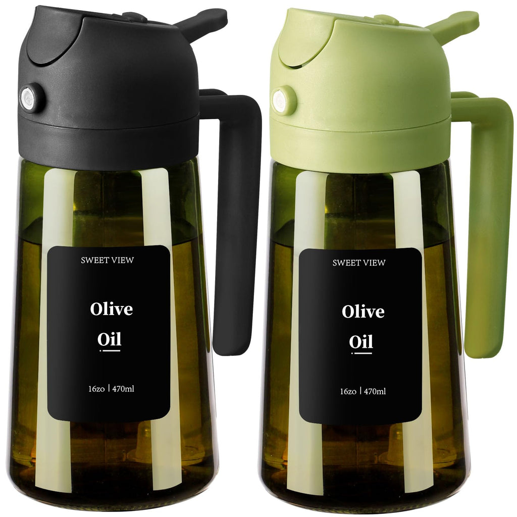 SWEET VIEW Olive Oil Dispenser and Oil Sprayer – 16oz/470ml Glass Light-Proof Oil Pourer for Kitchen, Air Fryer, Cooking, Salad, and BBQ