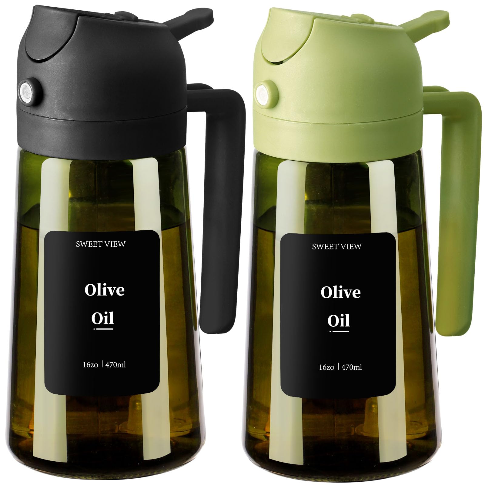 SWEET VIEW Olive Oil Dispenser and Oil Sprayer – 16oz/470ml Glass Light-Proof Oil Pourer for Kitchen, Air Fryer, Cooking, Salad, and BBQ