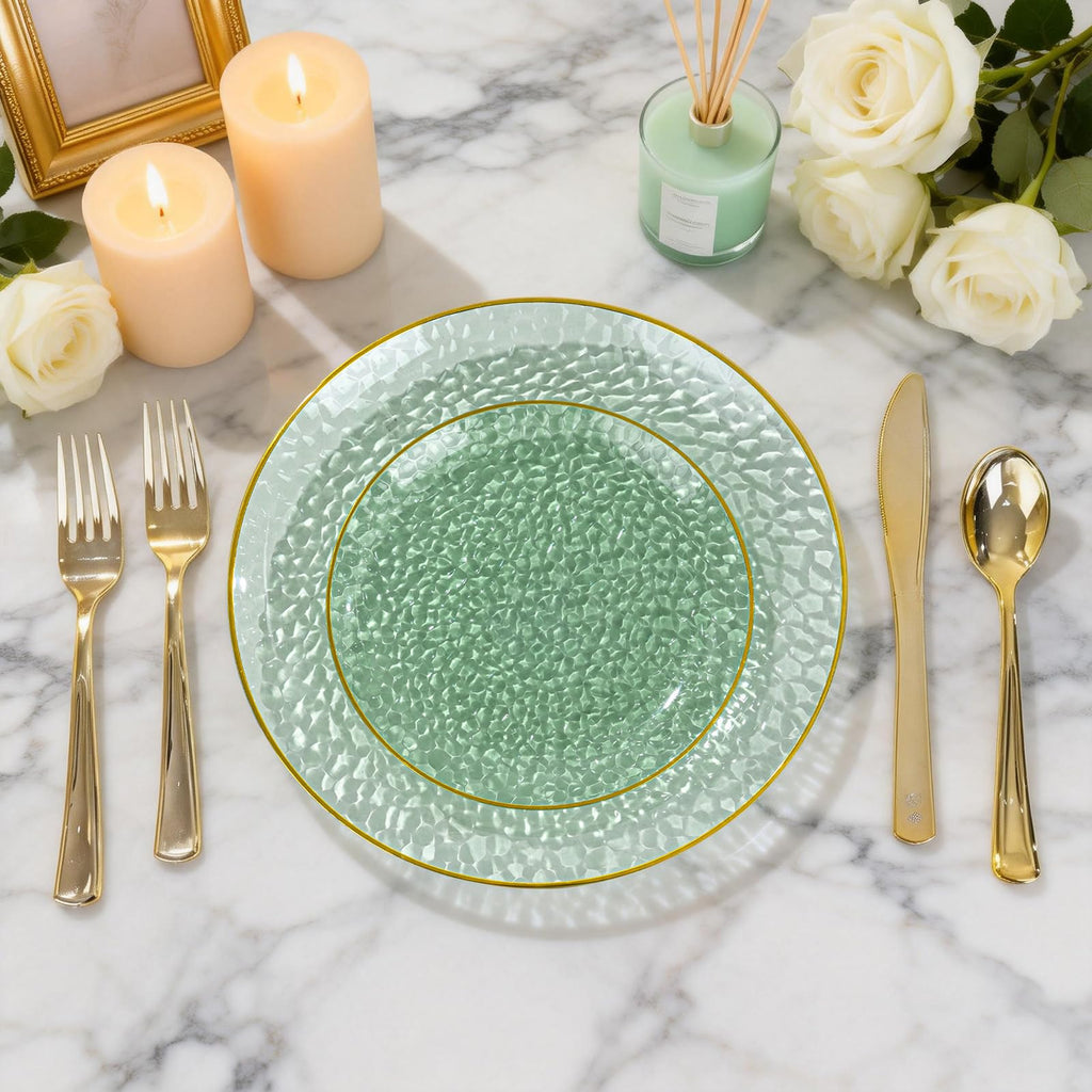 DaYammi 240Pcs Gold Plastic Plates Including 120Pcs Dessert Plates and 120Pcs Cake Forks,Hammered Party Plate,Clear Gold Appetizer plates Heavy duty Disposable Plastic Plate for Party Wedding Birthday