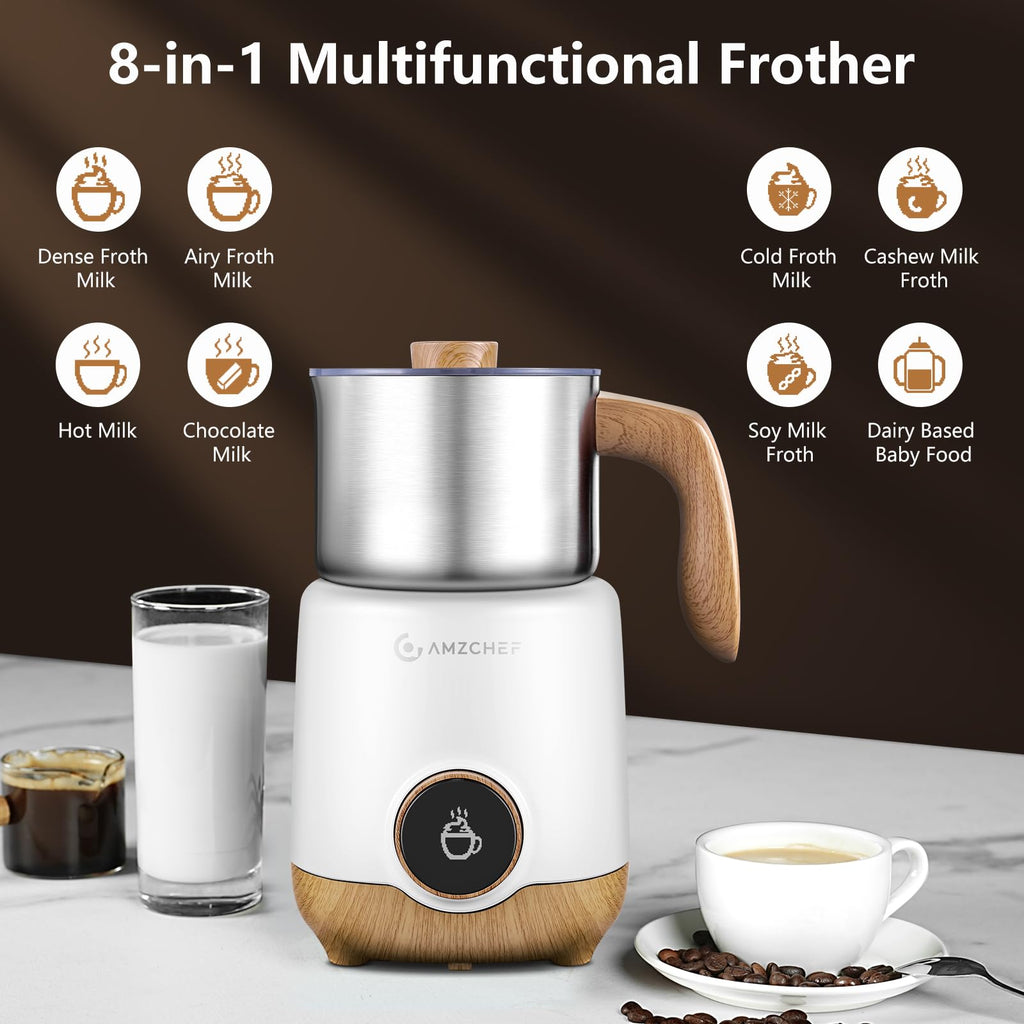 AMZCHEF 8-IN-1 Milk Frother and Steamer 21 oz, 550 Watts Split Stainless Steel Automatic Steamer, Milk's Warmer for Latte, Cappuccino, Hot Chocolate, Hot&Cold Froth, Heated Milk, Baby Food Wood&Black
