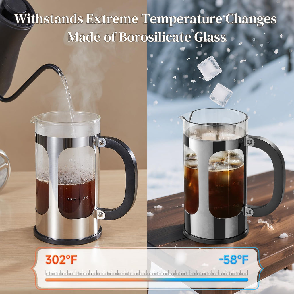 Veken French Press Coffee Maker 21oz 0.6 L, Single Serve Small Pot, Heat Resistant Thickened Borosilicate Glass, Stainless Steel Brewer, Cold Brew Cafetera Teapot for Kitchen Travel Camping, Copper