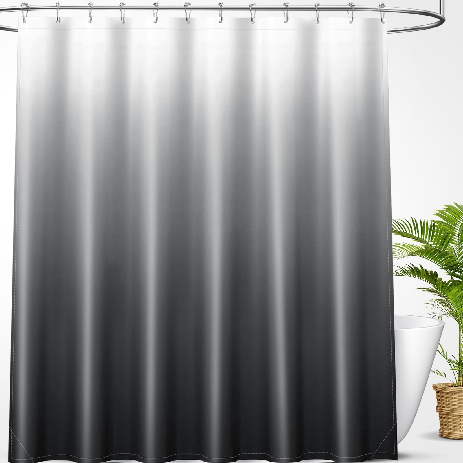 OLANLY Luxury Black and Grey Ombre Shower Curtain Sets with 12 Hooks, Waterproof and Washable Decorative Shower Curtains for Bathroom, 72x72 Inches