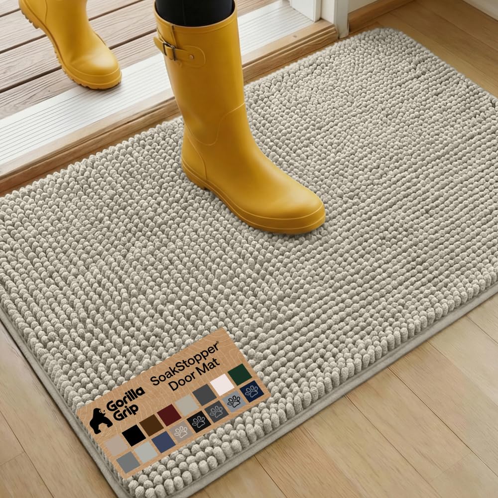 GORILLA GRIP SoakSTOPPER Dog Door Mat, Machine Washable Rug Absorbent Doormat Captures Moisture Mud Dirt, Quick Dry Soft Chenille Entryway Rugs Indoor Entrance Mats for Dog Paws, 24x17 Grey