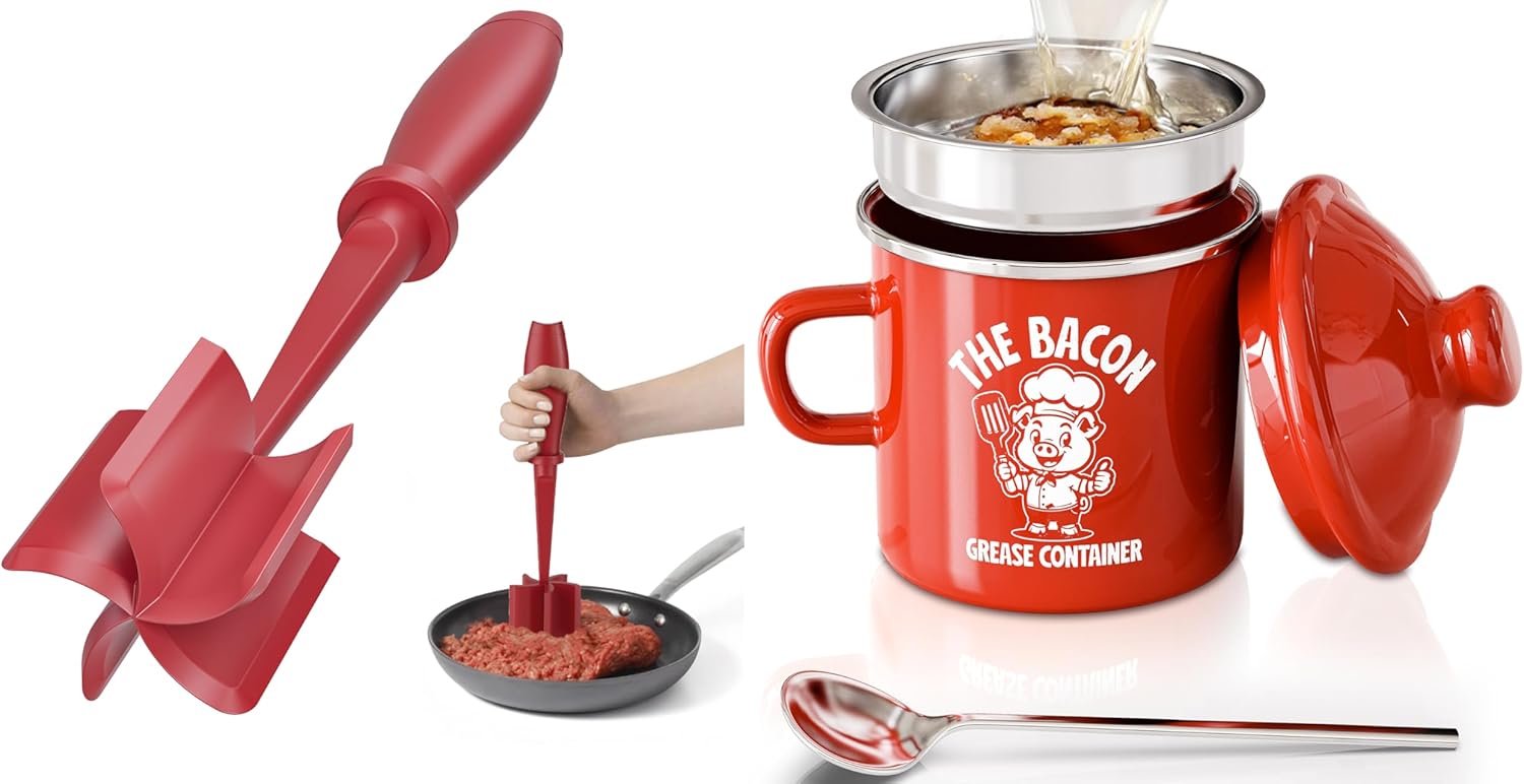 Red Meat Chopper And 15OZ Red Bacon Grease Saver