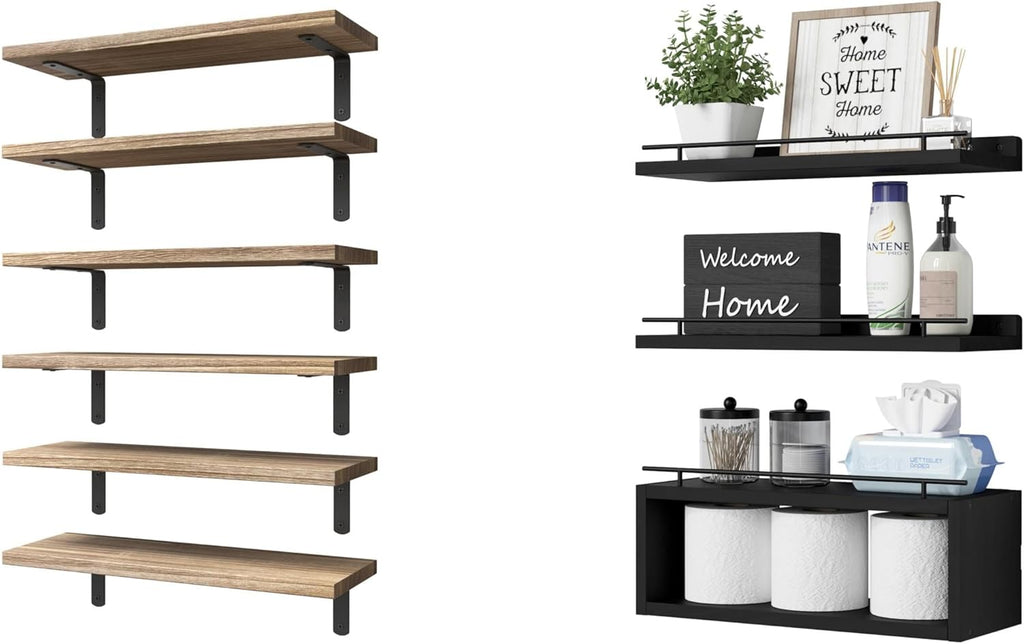 WOPITUES Wood Floating Shelves Set of 6, Farmhouse Style, Floating Shelves for Wall Decor, Bathroom/Bedroom Storage, Heavy Duty, Rust Proof