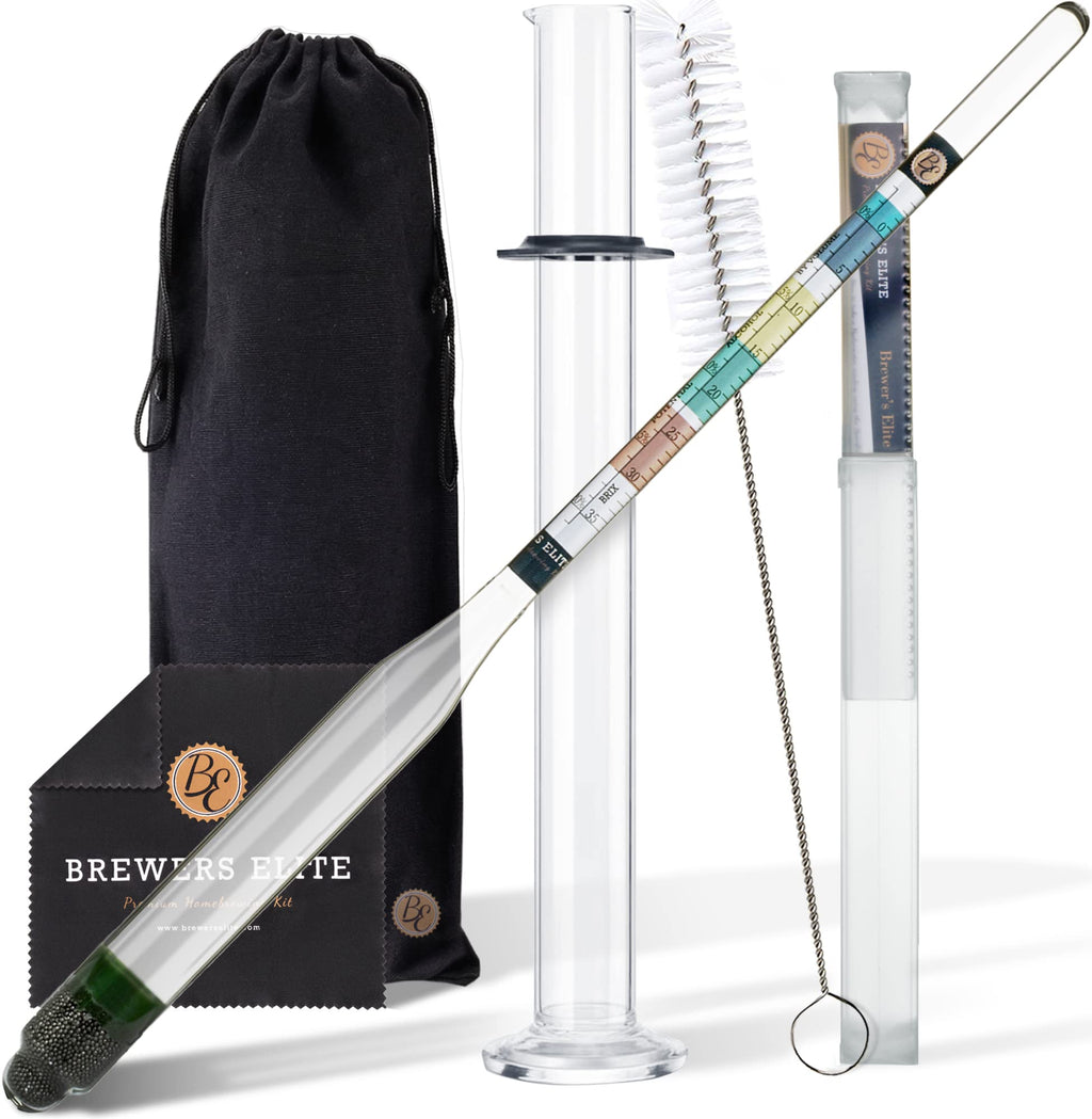 Brewer's Elite Hydrometer & Plastic Test Jar - for Home Brew Beer, Wine, Mead and Kombucha - Deluxe Triple Scale Set, Hardcase and Cloth - Specific Gravity ABV Tester