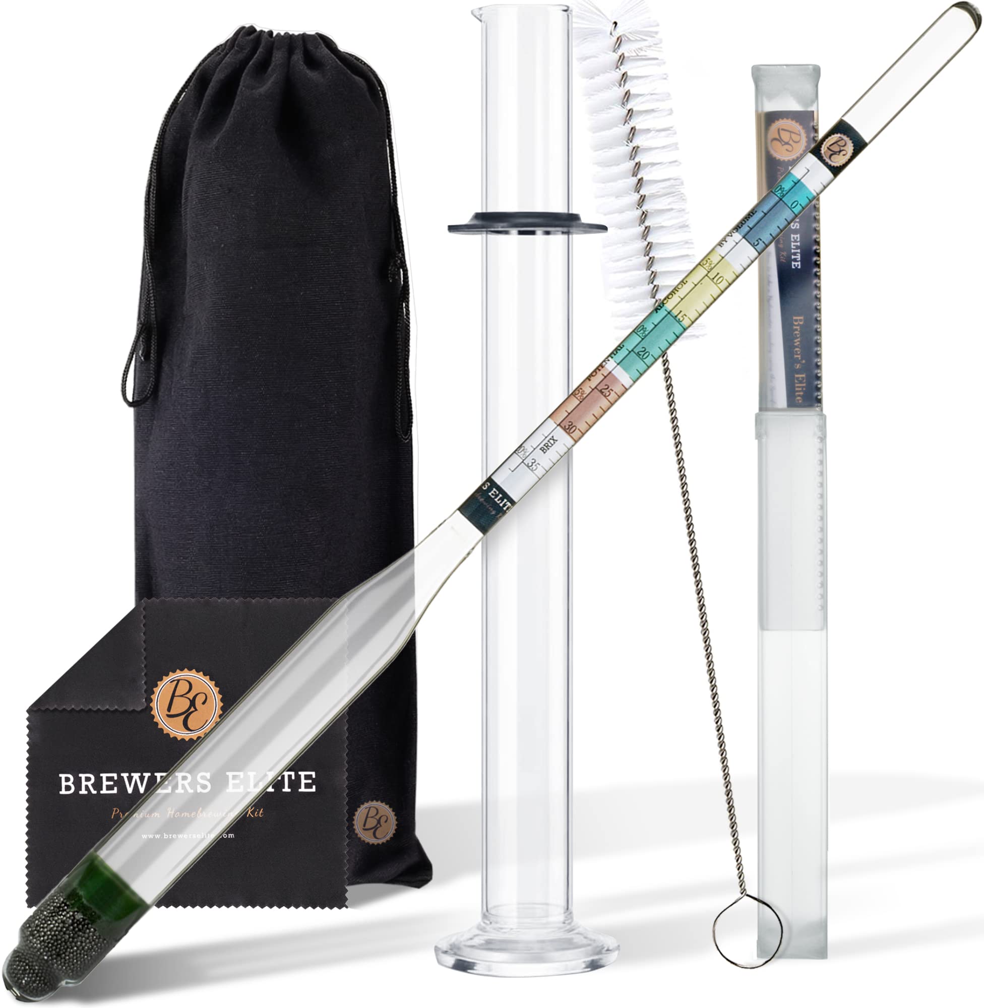 Brewer's Elite Hydrometer & Plastic Test Jar - for Home Brew Beer, Wine, Mead and Kombucha - Deluxe Triple Scale Set, Hardcase and Cloth - Specific Gravity ABV Tester