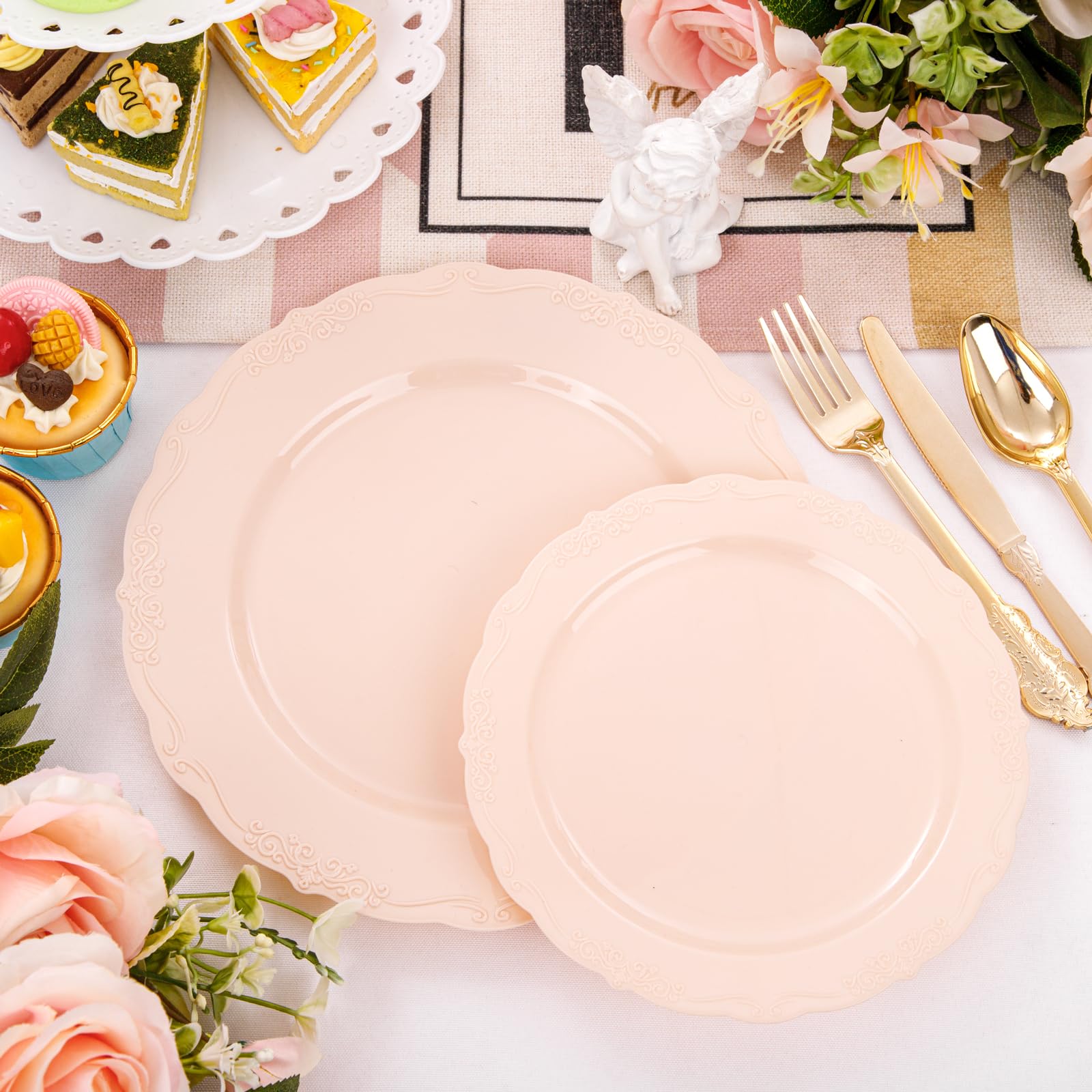 DaYammi 150Pcs Ivory Plastic Plates with Gold Rim,Disposable Plastic Plates Include 30 Dinner Plate,30 Salad Plate,30 Forks,30 Spoons,30 Knives,Ivory and Gold Plates for Party,Wedding,Mother's Day