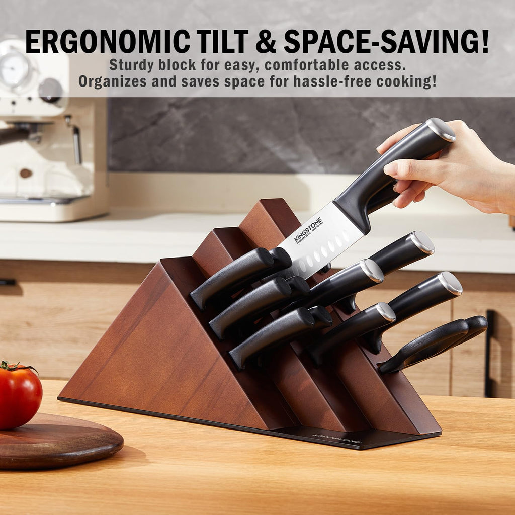 KINGSTONE 14-Piece Kitchen Knife Set with Block, High-Carbon Stainless Steel Knives Set, Ergonomic Non-Slip Handle, Professional Knife Set for Kitchen for Home Cooking & Gifting, Walnut