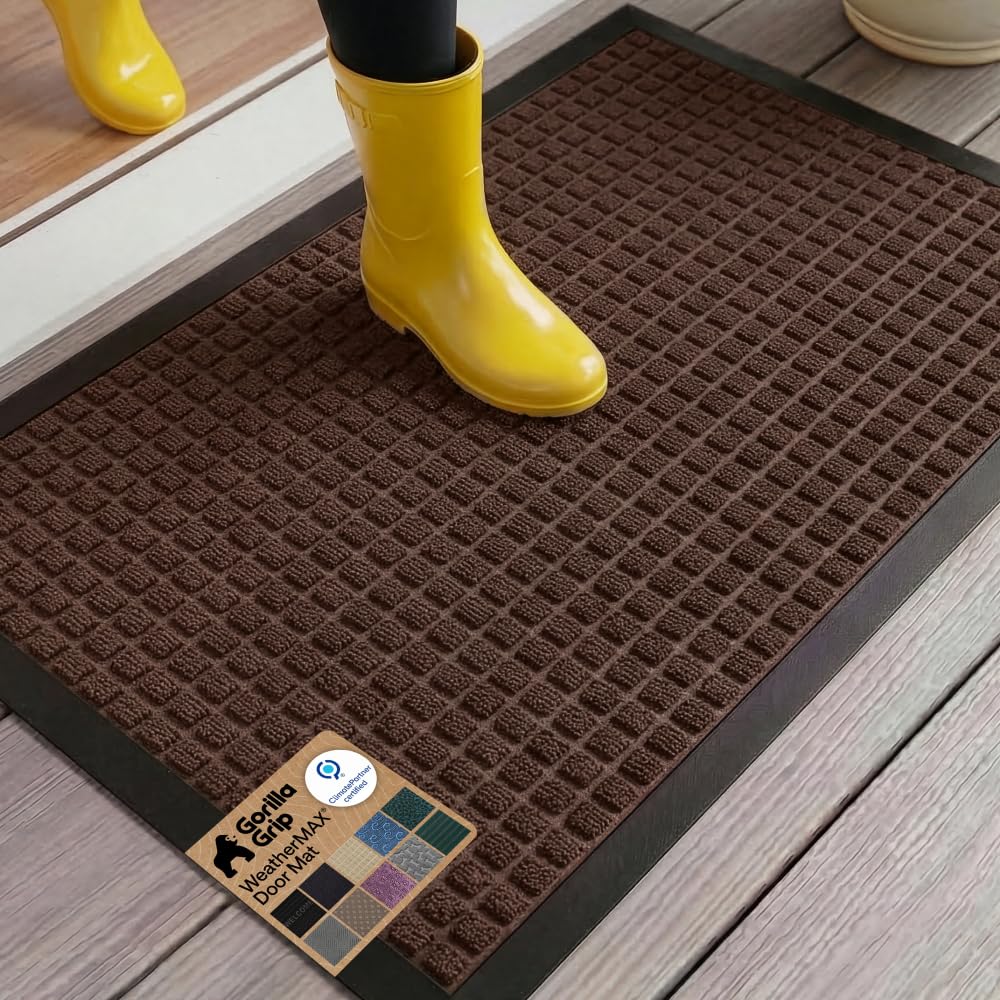 GORILLA GRIP 100% Waterproof All-Season WeatherMAX Doormat US Designed Natural Rubber, Stain Fade Resistant, Low Profile Indoor Outdoor Front Door Mats Outside Entrance, Easy Clean 29x17 Gray Diamond