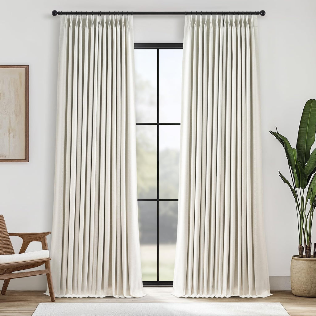 Topfinel 96 Inches Long Pinch Pleated 100% Blackout Curtains,Thermal Insulated Natural Linen Pinch Pleat Viral Drapes with Hooks Rings 2 Panel Sets,Neutral Beige Ivory 8FT Back Tab Window Curtains