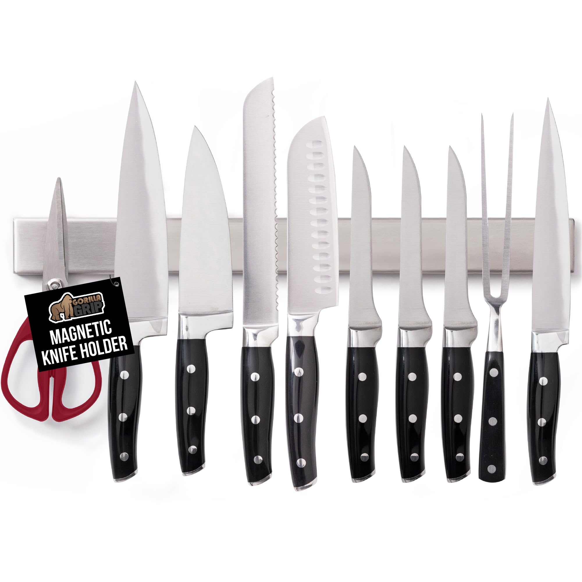 GORILLA GRIP 304 Stainless Steel Magnetic Knife Holder for Wall, Magnet Bar for Knives, Tools, Heavy Duty Metal Strip Holds Up to 6 lbs, Kitchen Home Organizer, 10 in, Non-Adhesive, Drilling Required