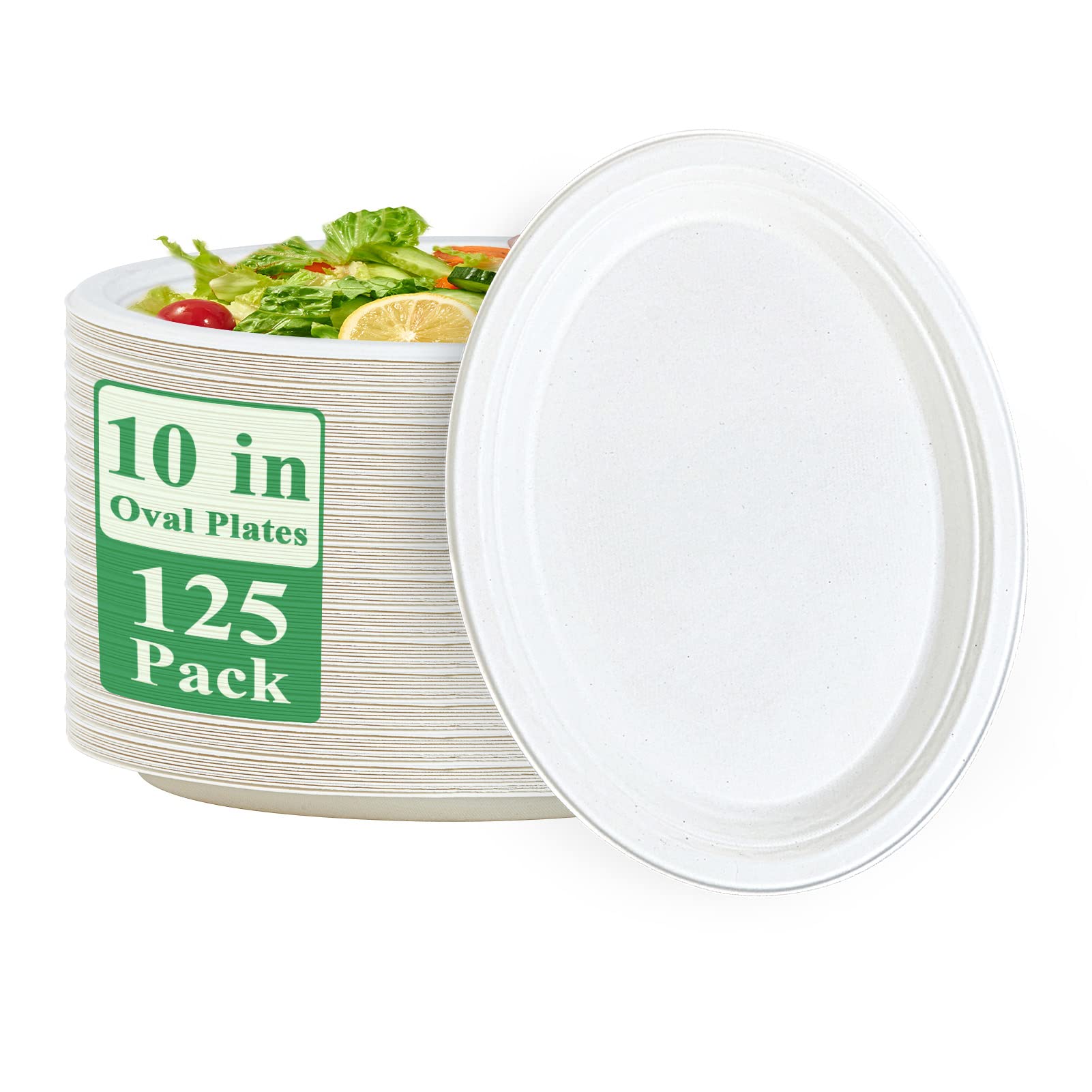 Vplus 100% Compostable Oval Paper Plates 12 inch 125 Pack Super Strong Disposable Paper Plates Bagasse Natural Biodegradable Eco-Friendly Sugarcane for BBQ, Party, Dinner, and Picnic