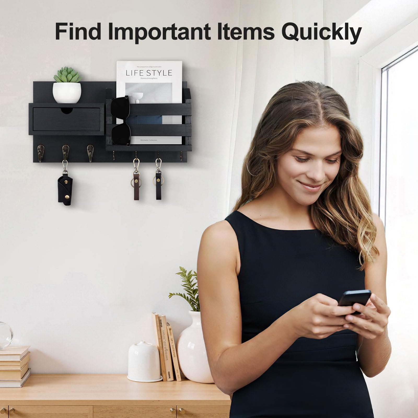 Wall Mount Key Holder with Mail Organizer, 100% Paulownia Wood, 7 Metal Hooks, Storage Drawer, Entryway Home Decor (Brown)