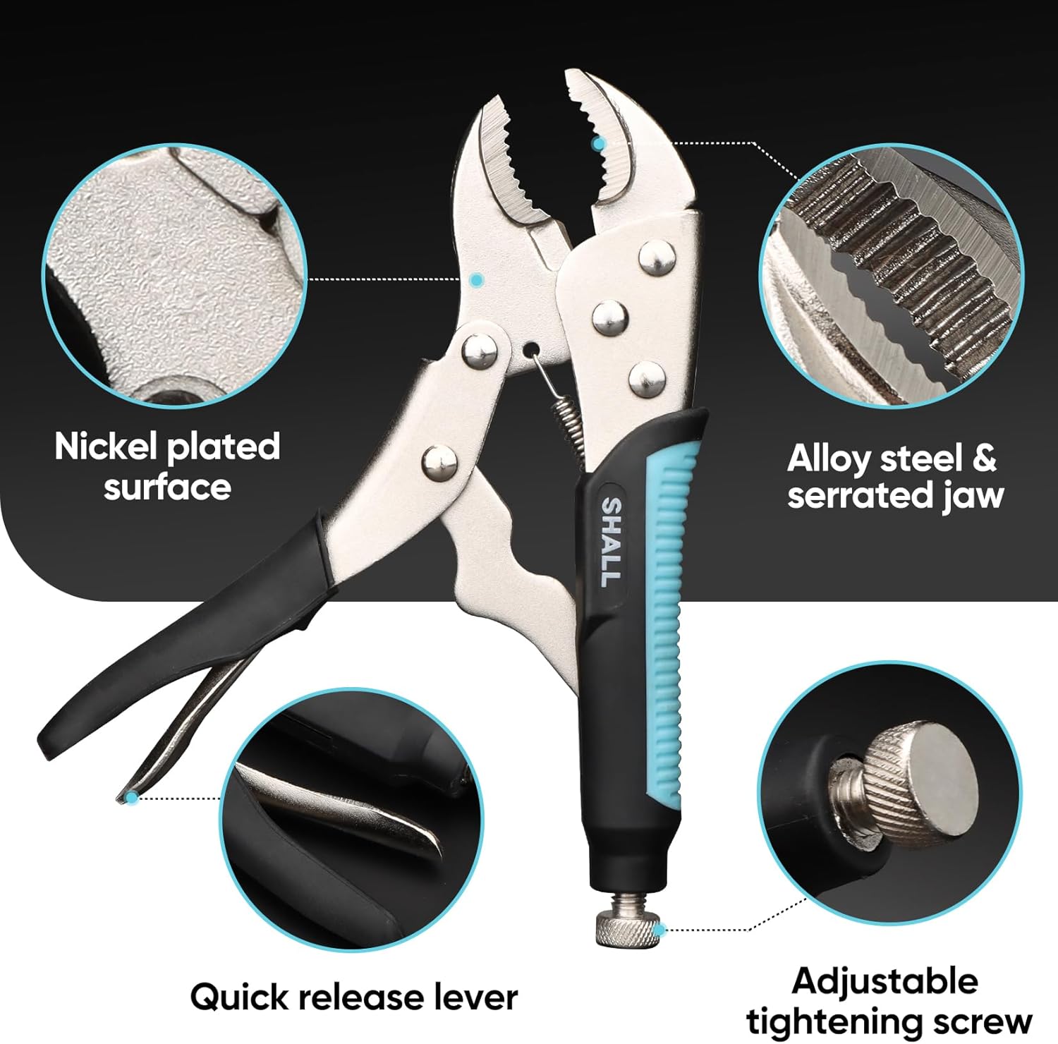 SHALL 6-Piece Locking Pliers, Vice Grips Pliers Set, 5",7" & 10" Curved Jaw Locking Pliers, 6-1/2" & 9-1/2 Long Nose Locking Pliers, 6" Locking C-Clamp, Two-Color TPR Handle, Roll Up Pouch Included
