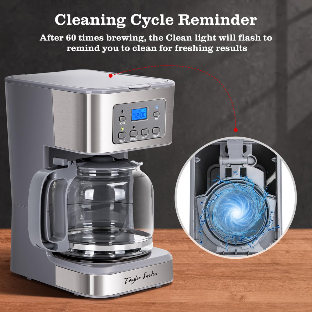 Taylor Swoden 12-Cup Programmable Coffee Maker, Regular & Strong Brew Drip Coffee Machine for Home and Office, Glass Carafe, Pause & Serve, Auto Shut Off, Black & Stainless Steel