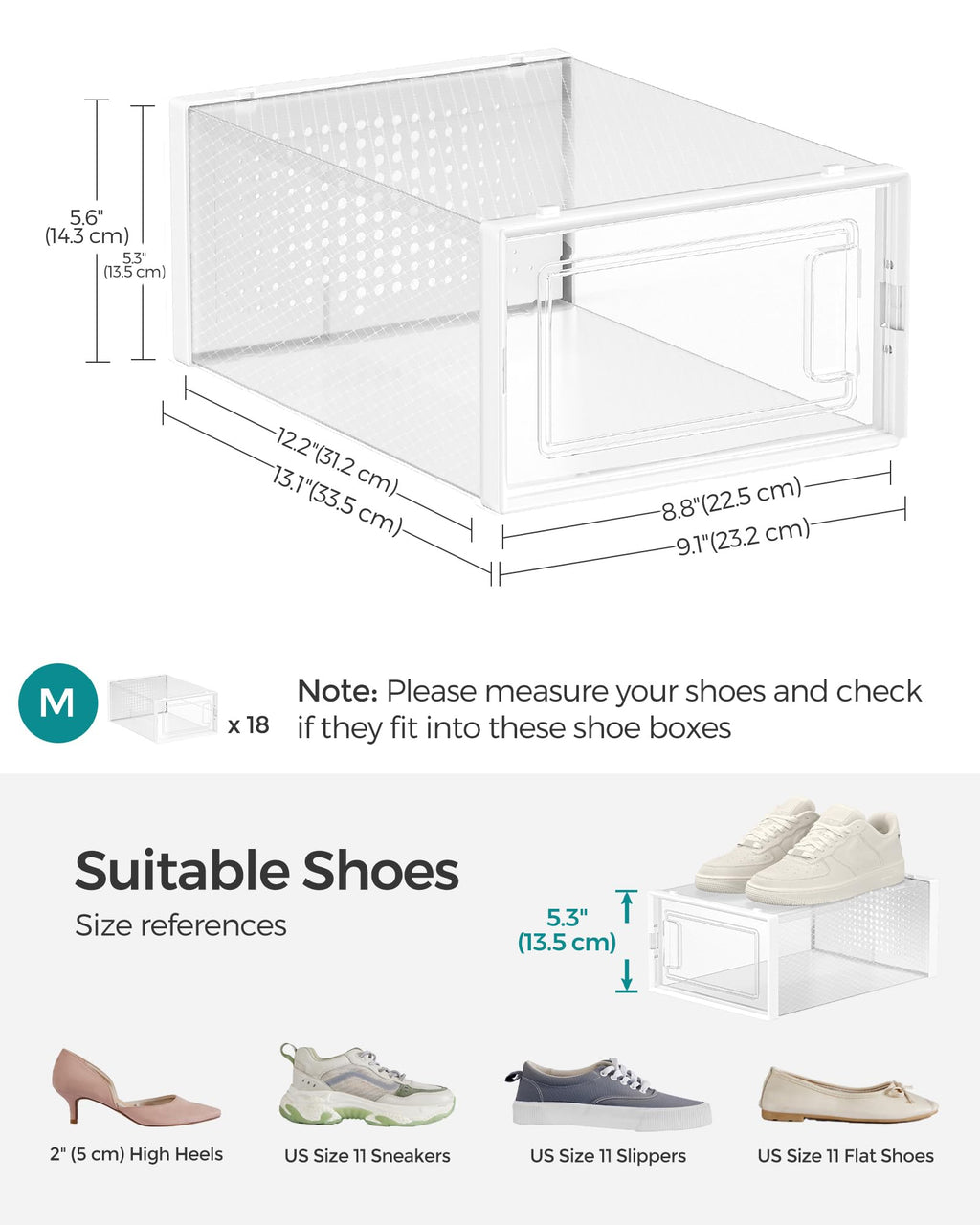 SONGMICS Shoe Boxes, Pack of 12 Shoe Storage Organizers, Stackable Clear Plastic Boxes for Closet, Sneakers, 13.1 x 9.1 x 5.6 Inches, Transparent and White ULSP12SWT