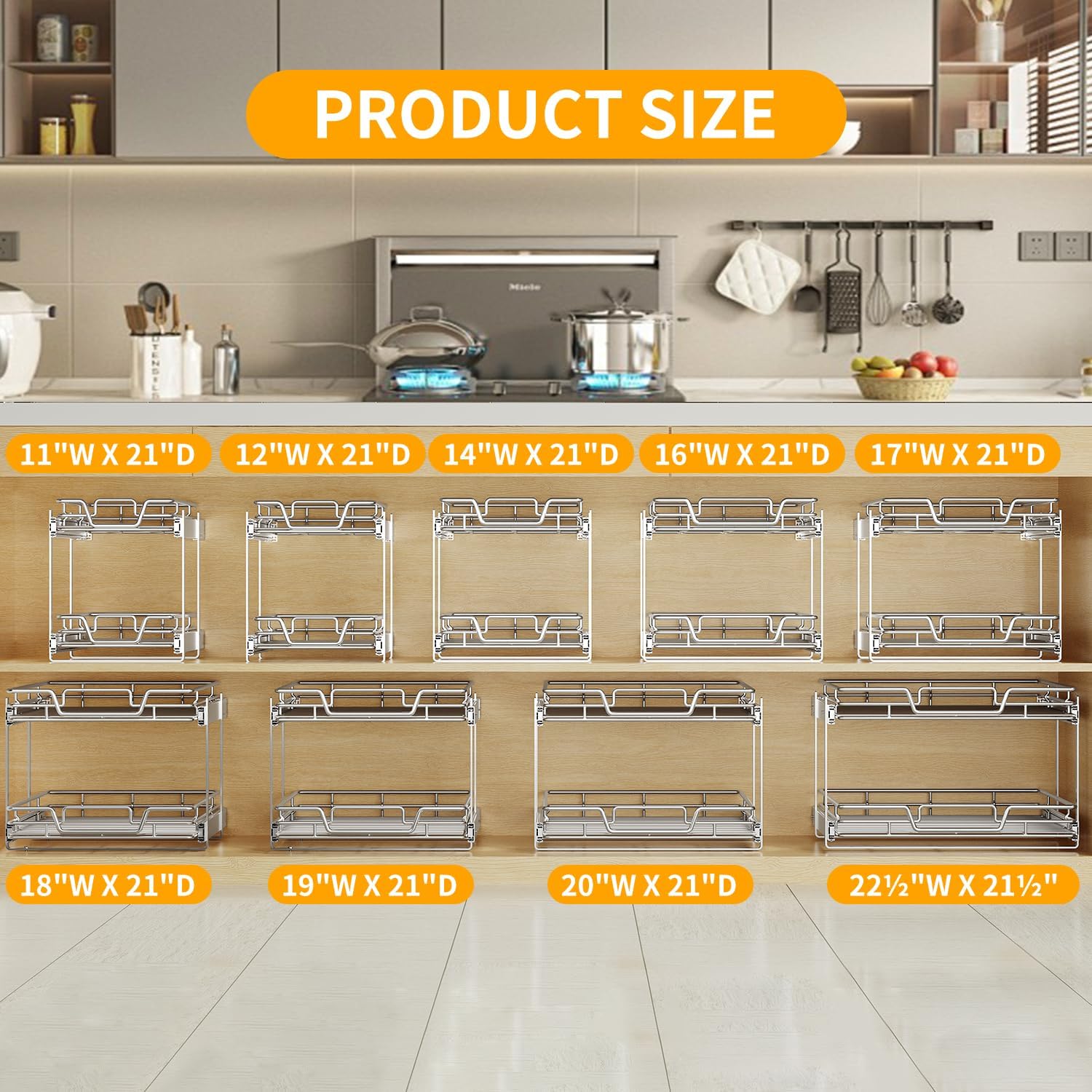 2-Tier Kitchen Cabinet,Pull Out Cabinet Organizer,Shelf and Drawer Organizer Slide Out Pantry Storaqe Basket in Multiple Sizes (12" W x21 D)
