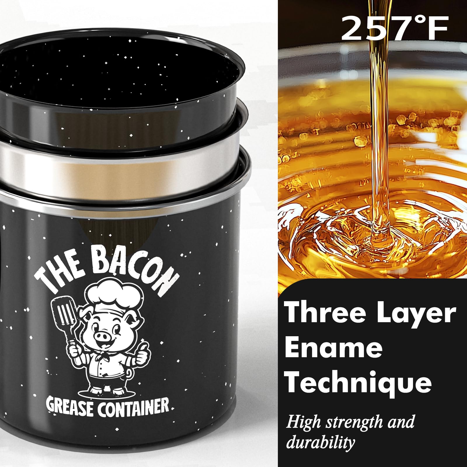 PGYARD Mini Bacon Grease Saver With Strainer - 15OZ Enamel Grease Container, Farmhouse Bacon Grease Keeper For Kitchen Fat Storage, Dishwasher Safe-Red