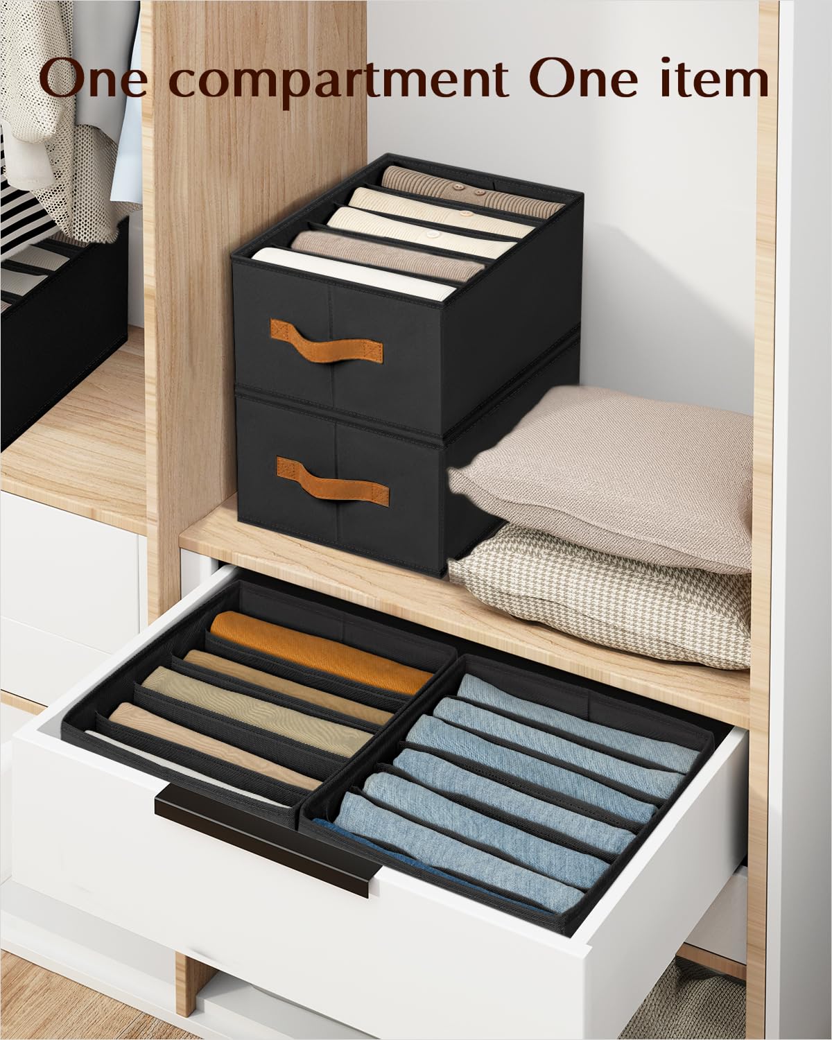 Homsorout Clothes Organizers and Storage - 4/5/7 Grids Fabric Jeans Organizer with Handles, Foldable Closet Organizers Dividers, Wardrobe organizer for Pant, Sweater, T-shirt, Scarf, 6 Pack, Beige
