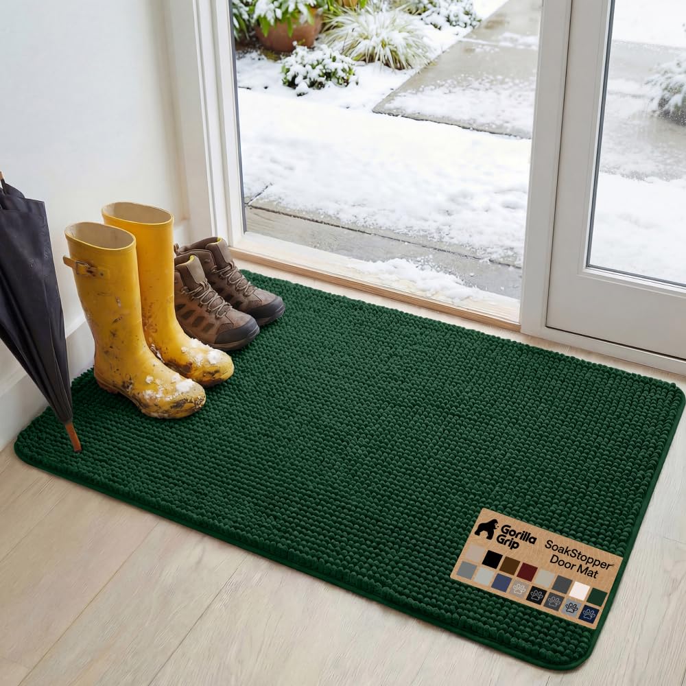 GORILLA GRIP SoakSTOPPER Dog Door Mat, Machine Washable Rug Absorbent Doormat Captures Moisture Mud Dirt, Quick Dry Soft Chenille Entryway Rugs Indoor Entrance Mats for Dog Paws, 24x17 Grey
