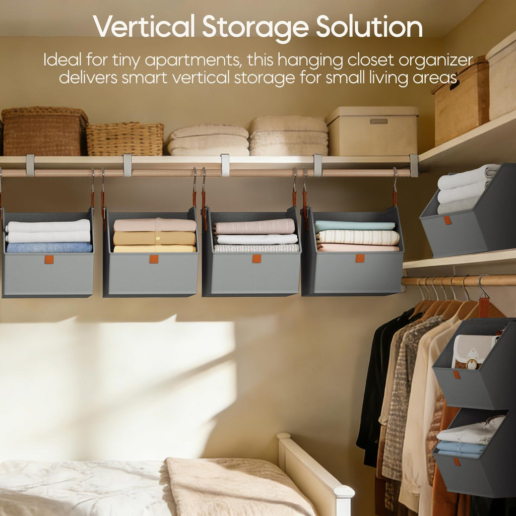 Homsorout Hanging Closet Organizer 4 Tier - Clothes Hanging Shelves, Space-Saving Closet System, Fabric Storage Bins Bedroom Organization, Collapsible Baskets for Home, Dorm, Rv, Beige