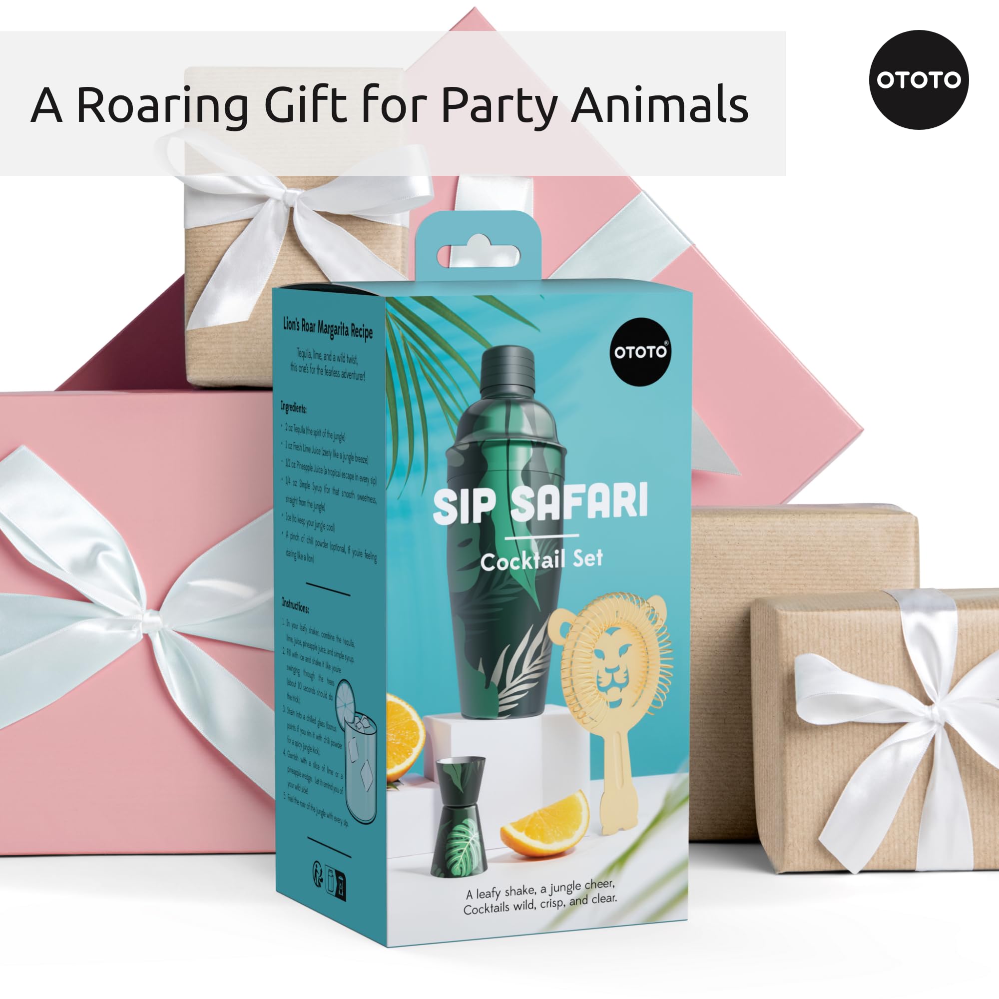 New - OTOTO Sip Safari Jungle Cocktail Shaker Set - Bartender Kit with Lion Cap, Bar Cart Accessories, Bartender Bar Accessories, Party Essentials, Cute Accessories, Unique Gifts, Kitchen Must Haves