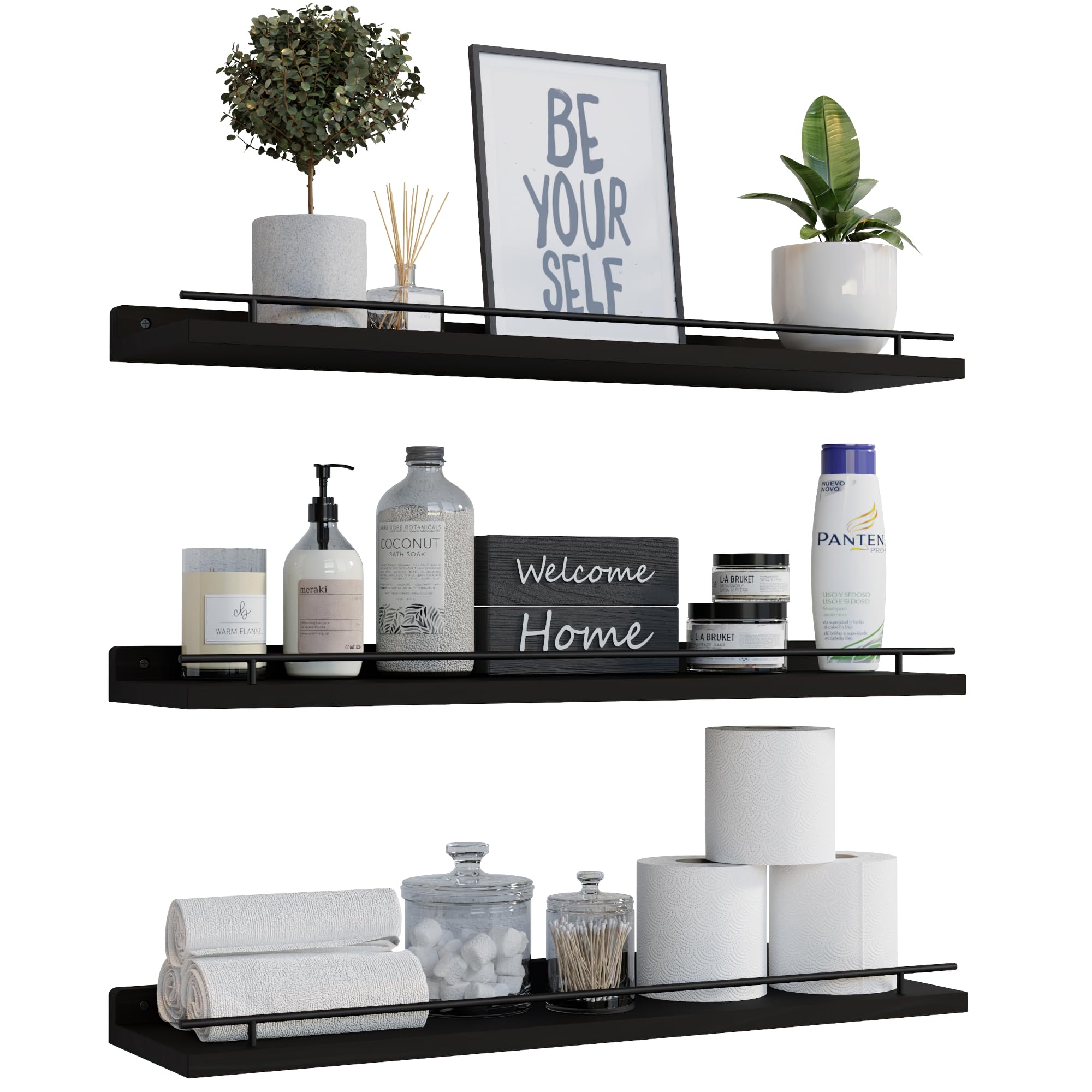 WOPITUES Floating Shelves with Black Metal Guardrail, Shelves for Wall Decor Set of 3, Wall Shelves for Bedroom, Bathroom, Kitchen, Living Room, Plants, Picture Frames, Art- Black