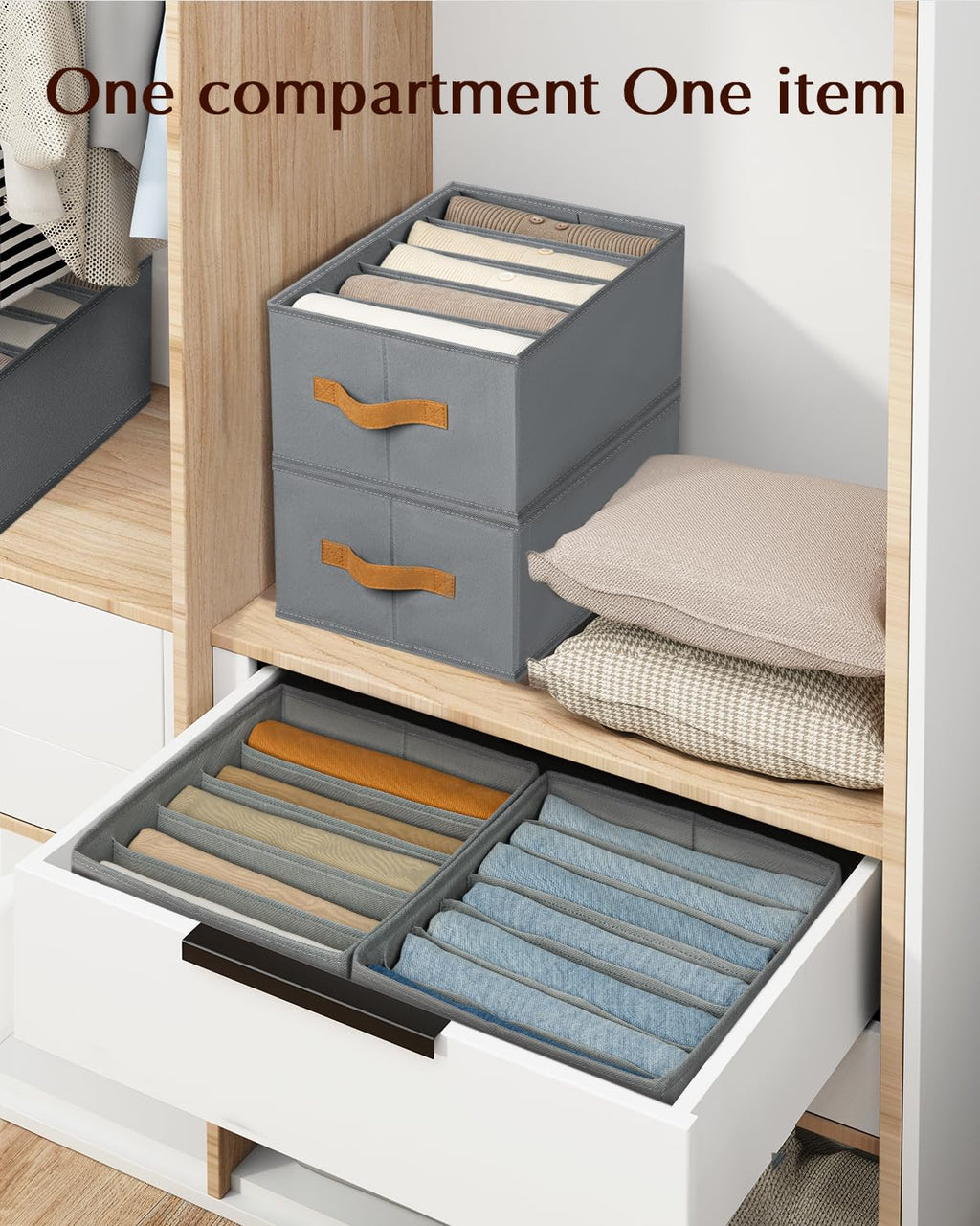 Homsorout Clothes Organizers and Storage - 4/5/7 Grids Fabric Jeans Organizer with Handles, Foldable Closet Organizers Dividers, Wardrobe organizer for Pant, Sweater, T-shirt, Scarf, 6 Pack, Beige