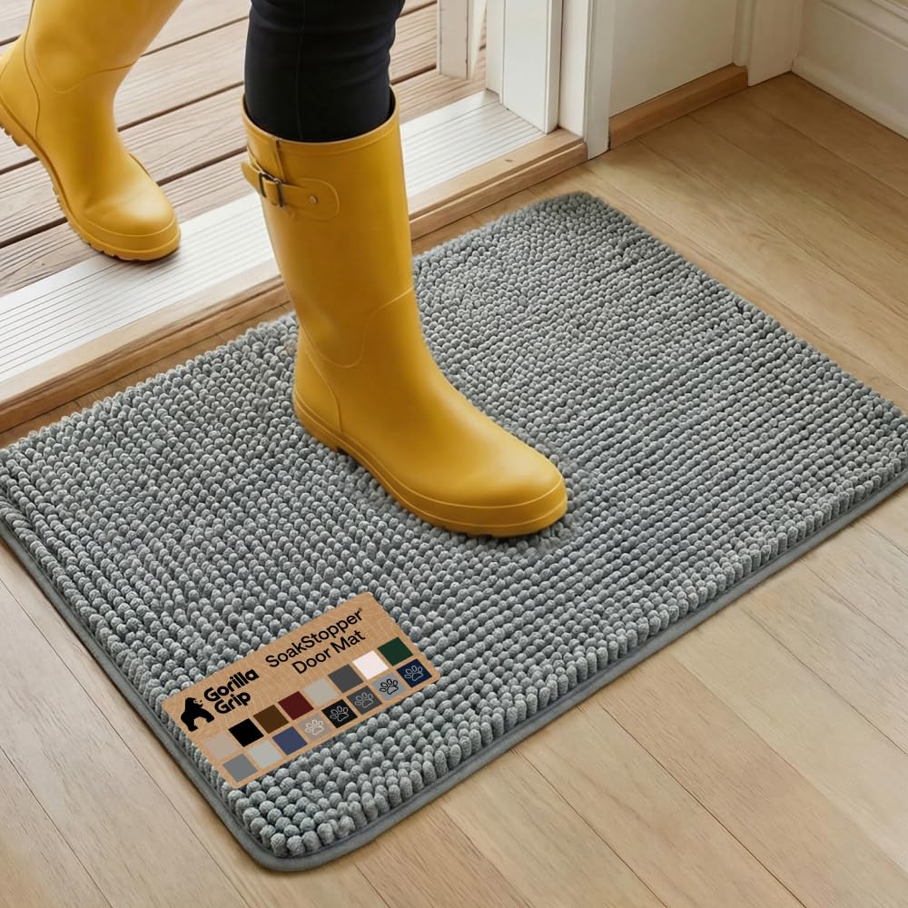GORILLA GRIP SoakSTOPPER Dog Door Mat, Machine Washable Rug Absorbent Doormat Captures Moisture Mud Dirt, Quick Dry Soft Chenille Entryway Rugs Indoor Entrance Mats for Dog Paws, 24x17 Grey