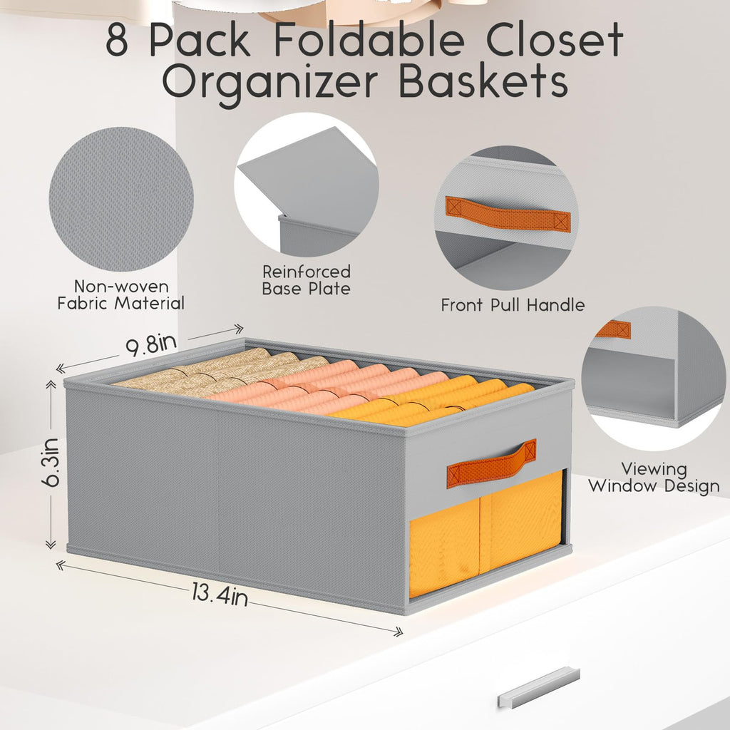 Homsorout Clothes Organizers and Storage - 4/5/7 Grids Fabric Jeans Organizer with Handles, Foldable Closet Organizers Dividers, Wardrobe organizer for Pant, Sweater, T-shirt, Scarf, 6 Pack, Beige